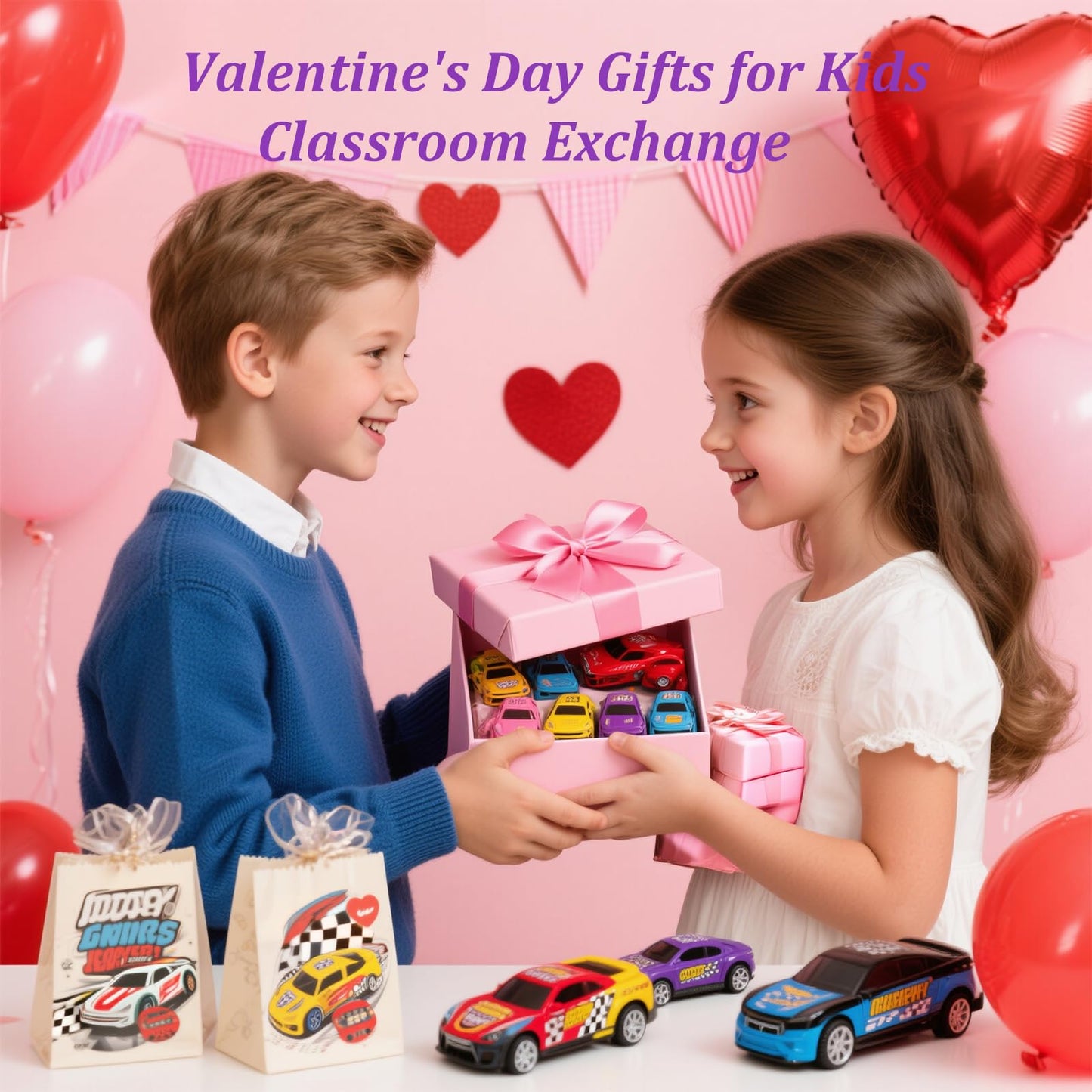 Wonfirang 28 PCS Valentines Day Party Favors for Kids – Racing Cars & Cards Set