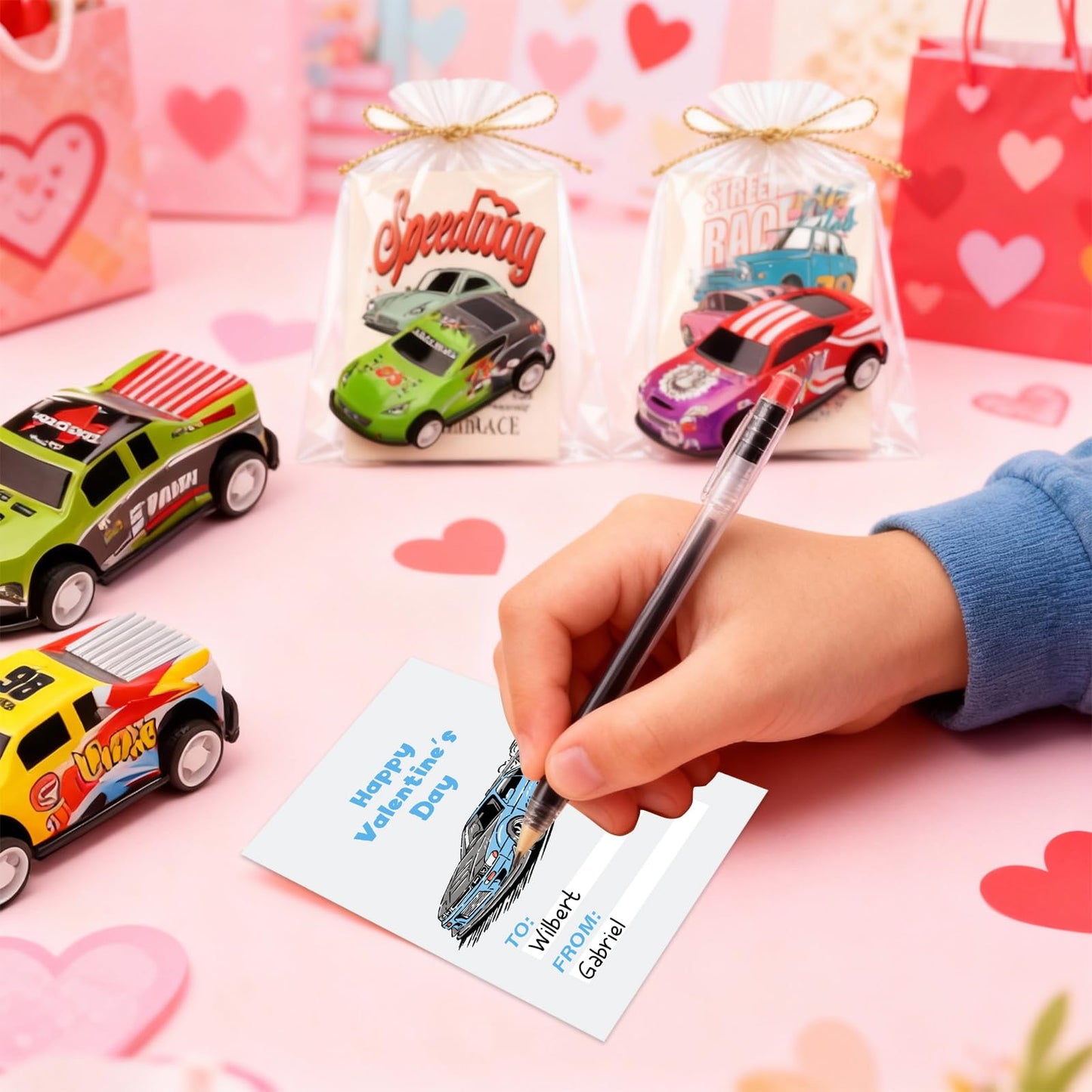 Wonfirang 28 PCS Valentines Day Party Favors for Kids – Racing Cars & Cards Set