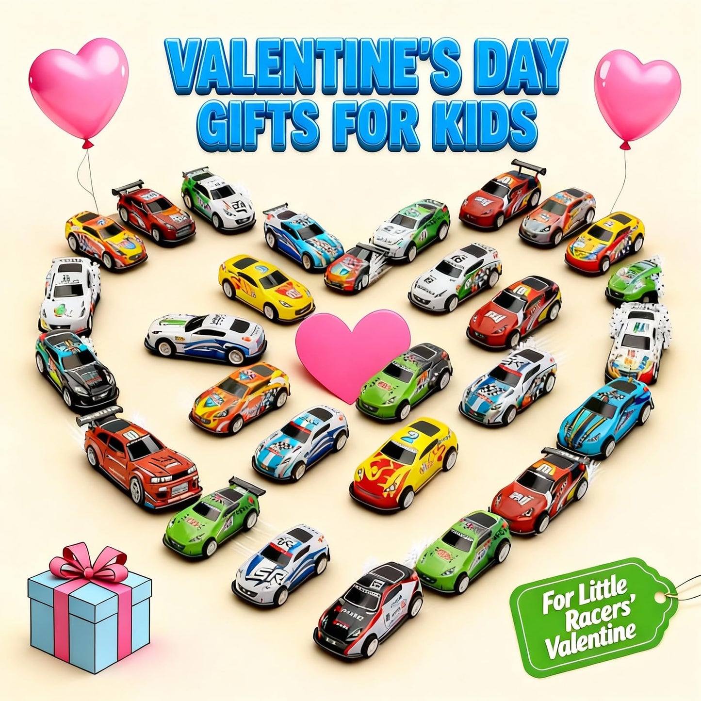 Wonfirang 28 PCS Valentines Day Party Favors for Kids – Racing Cars & Cards Set