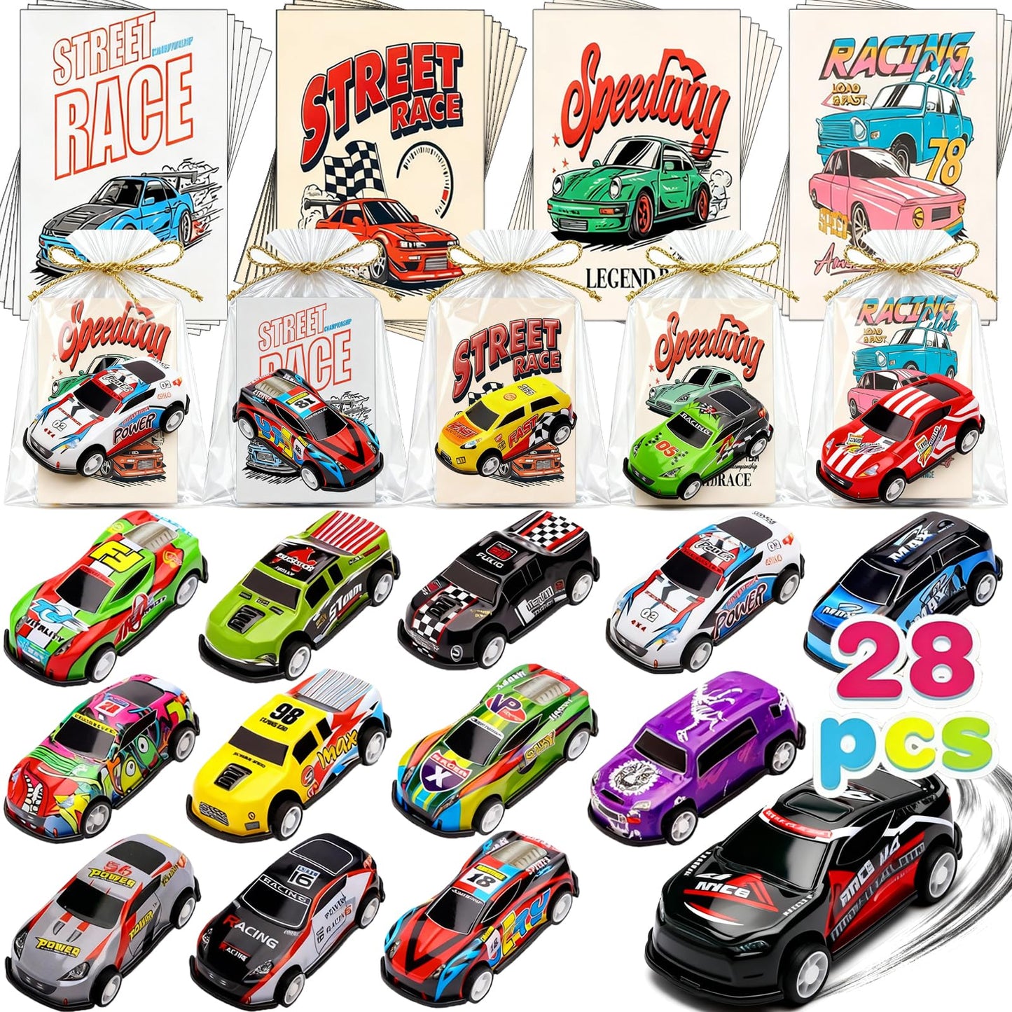 Wonfirang 28 PCS Valentines Day Party Favors for Kids – Racing Cars & Cards Set