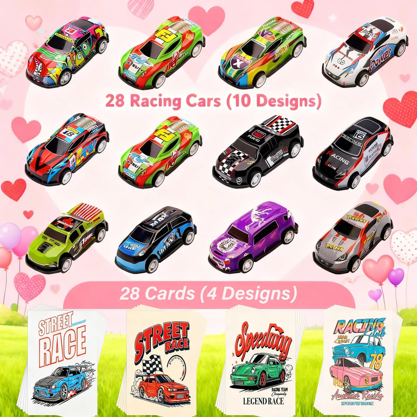 Wonfirang 28 PCS Valentines Day Party Favors for Kids – Racing Cars & Cards Set