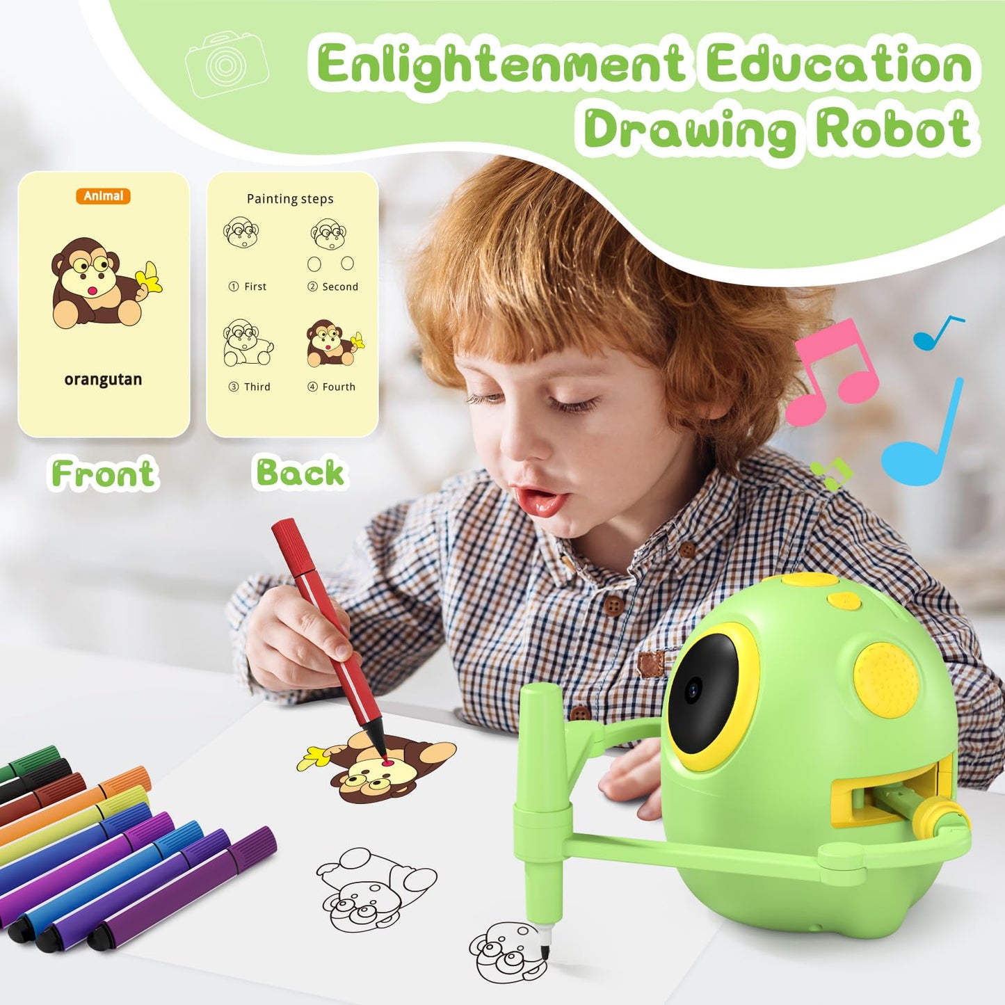 Wonovate Smart Drawing Robot for Kids - 150 Cards, No-Projector Art Toy (Green)