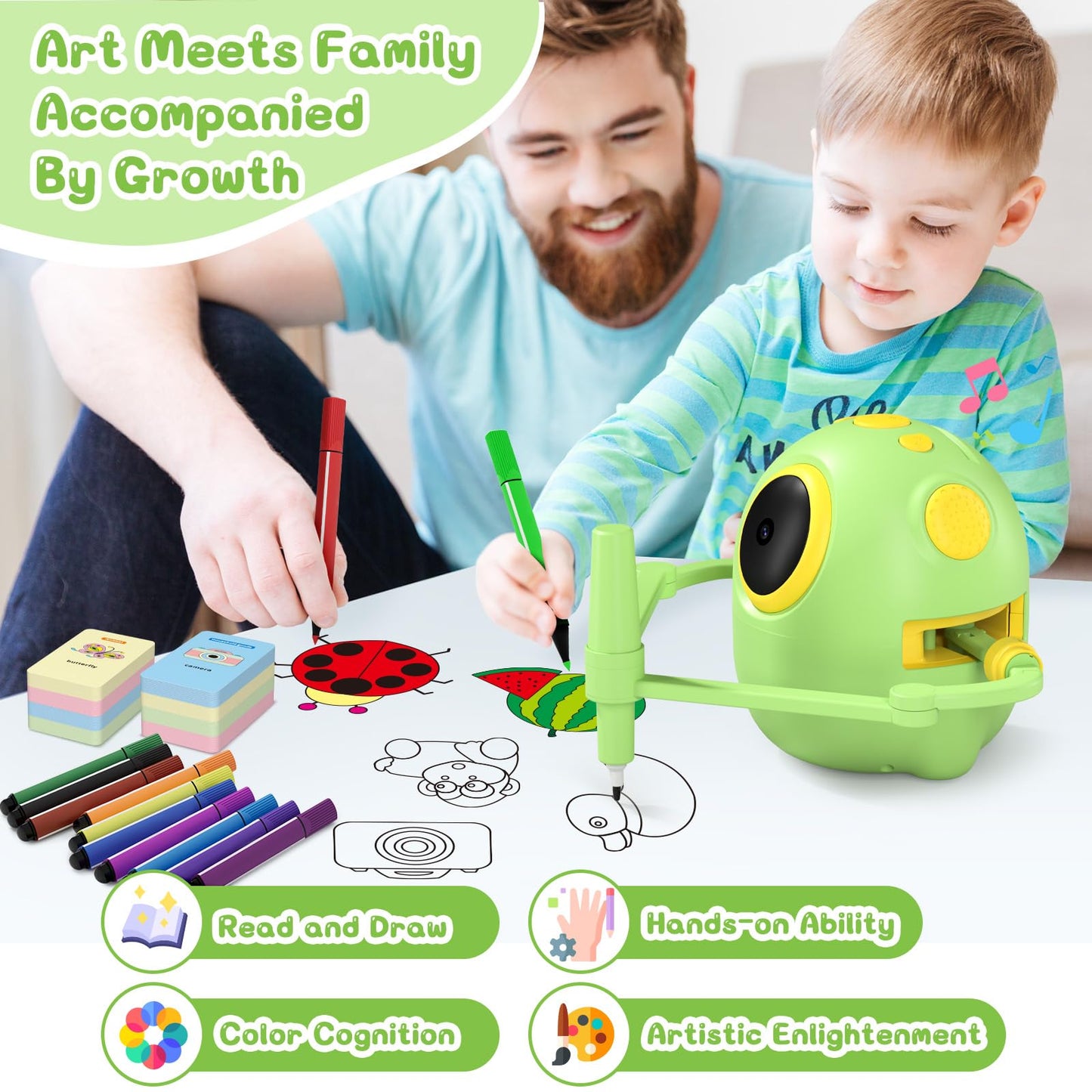 Wonovate Smart Drawing Robot for Kids - 150 Cards, No-Projector Art Toy (Green)