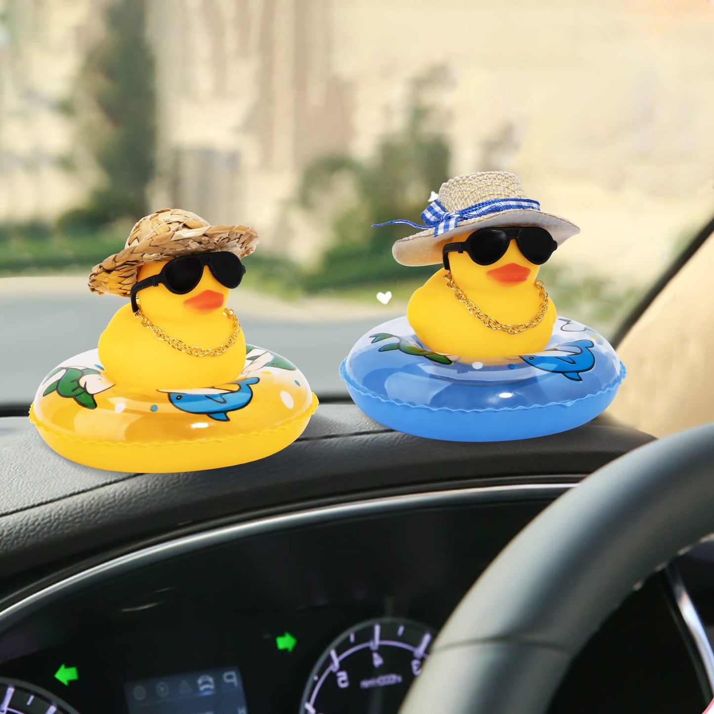wonuu Car Rubber Duck – Yellow Dash Decoration with Hat, Sunglasses, Necklace & Swim Ring