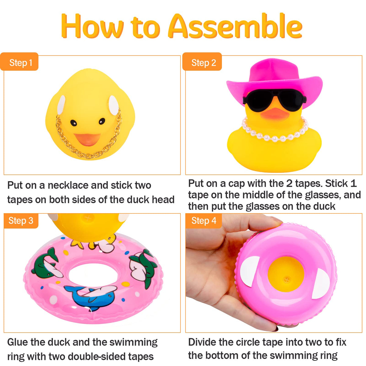 Wonuu Car Rubber Duck – Yellow Dashboard Decoration with Hat, Sunglasses, Necklace, Swim Ring, and Pink Cowboy Hat