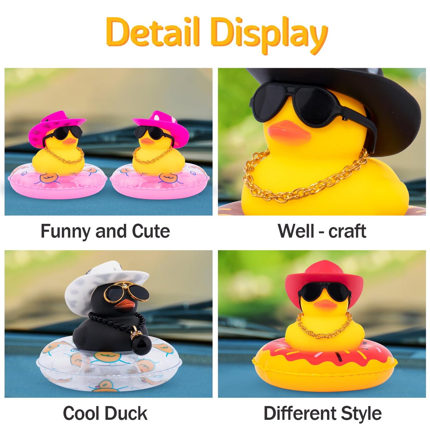 Wonuu Car Duck: Yellow Dashboard Decoration with Hat, Sunglasses, Necklace & Swim Ring