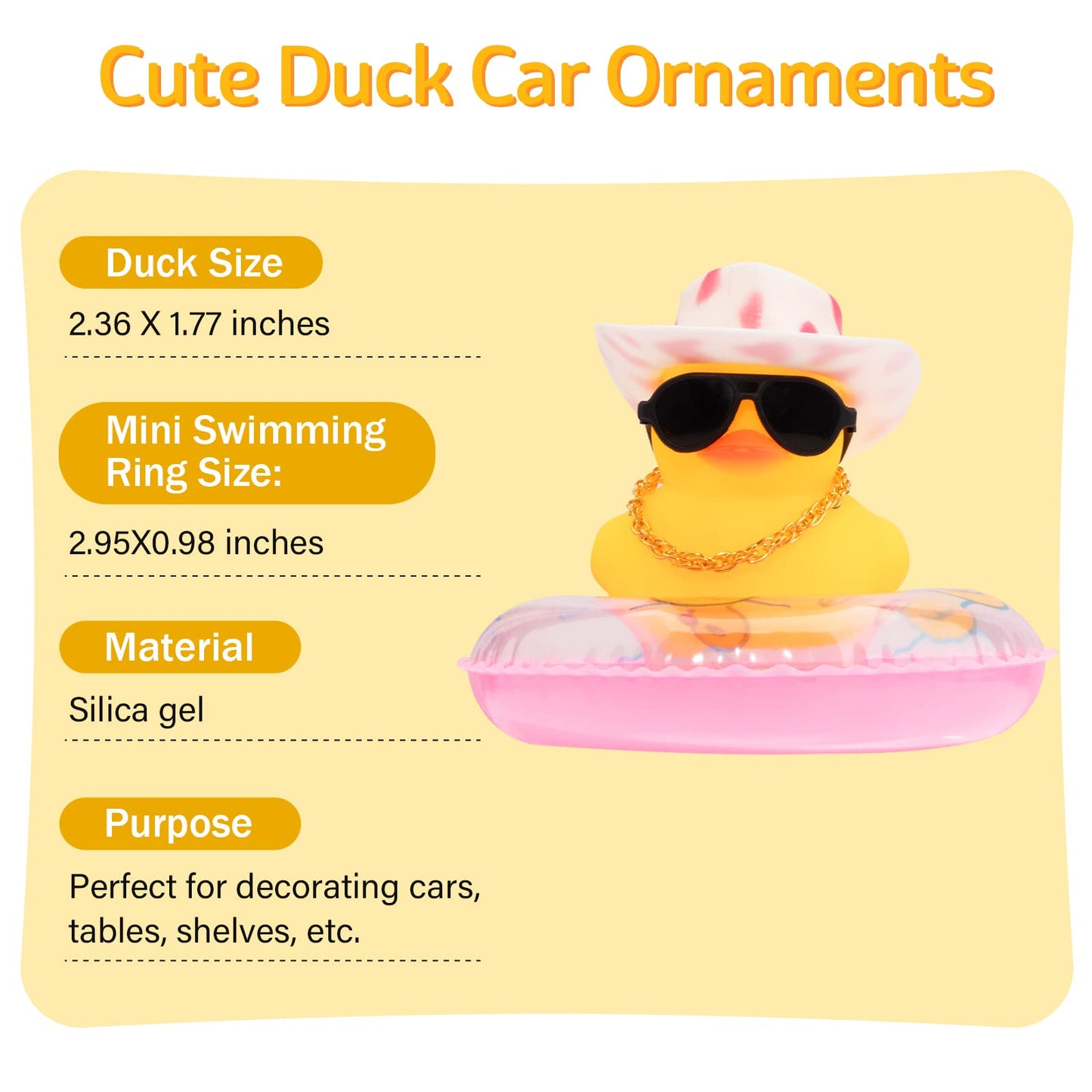 wonuu Car Rubber Duck – Yellow Dashboard Decor with Sun Hat, Sunglasses & Necklace