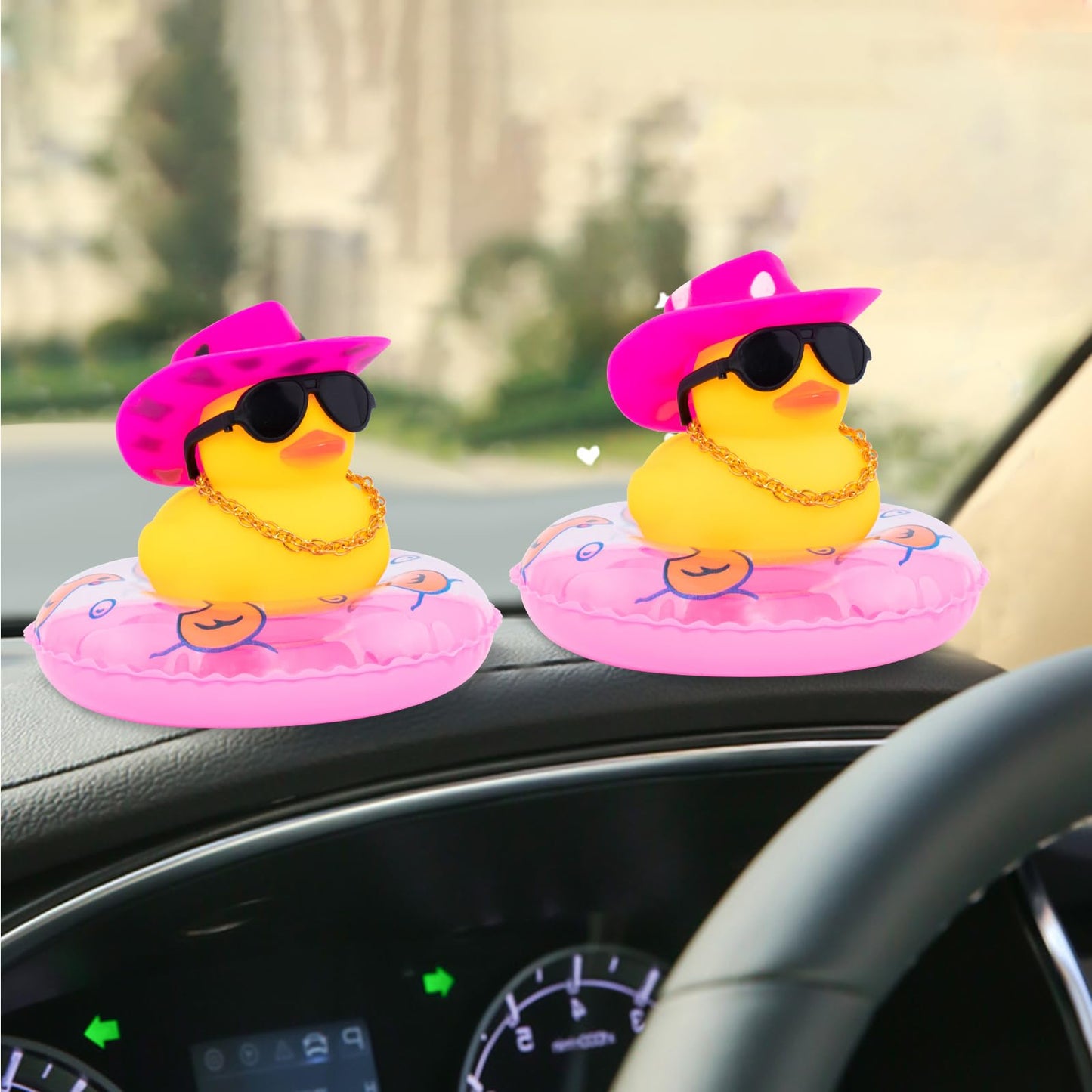 Wonuu Car Rubber Duck – Yellow Dashboard Decoration with Hat, Sunglasses, Necklace, Swim Ring, and Pink Cowboy Hat