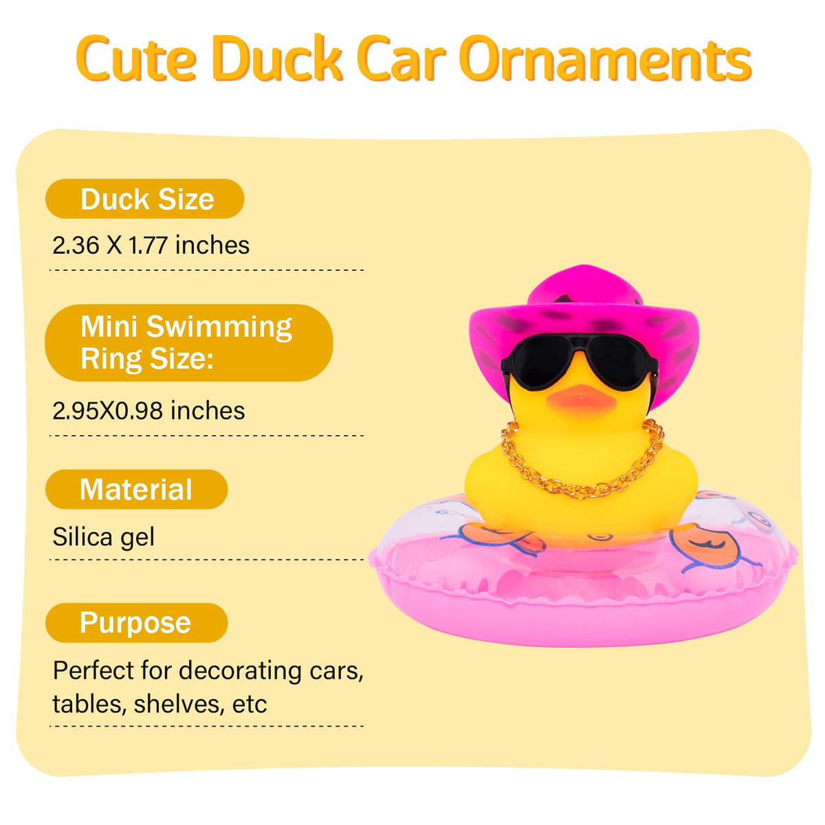 Wonuu Car Rubber Duck – Yellow Dashboard Decoration with Hat, Sunglasses, Necklace, Swim Ring, and Pink Cowboy Hat