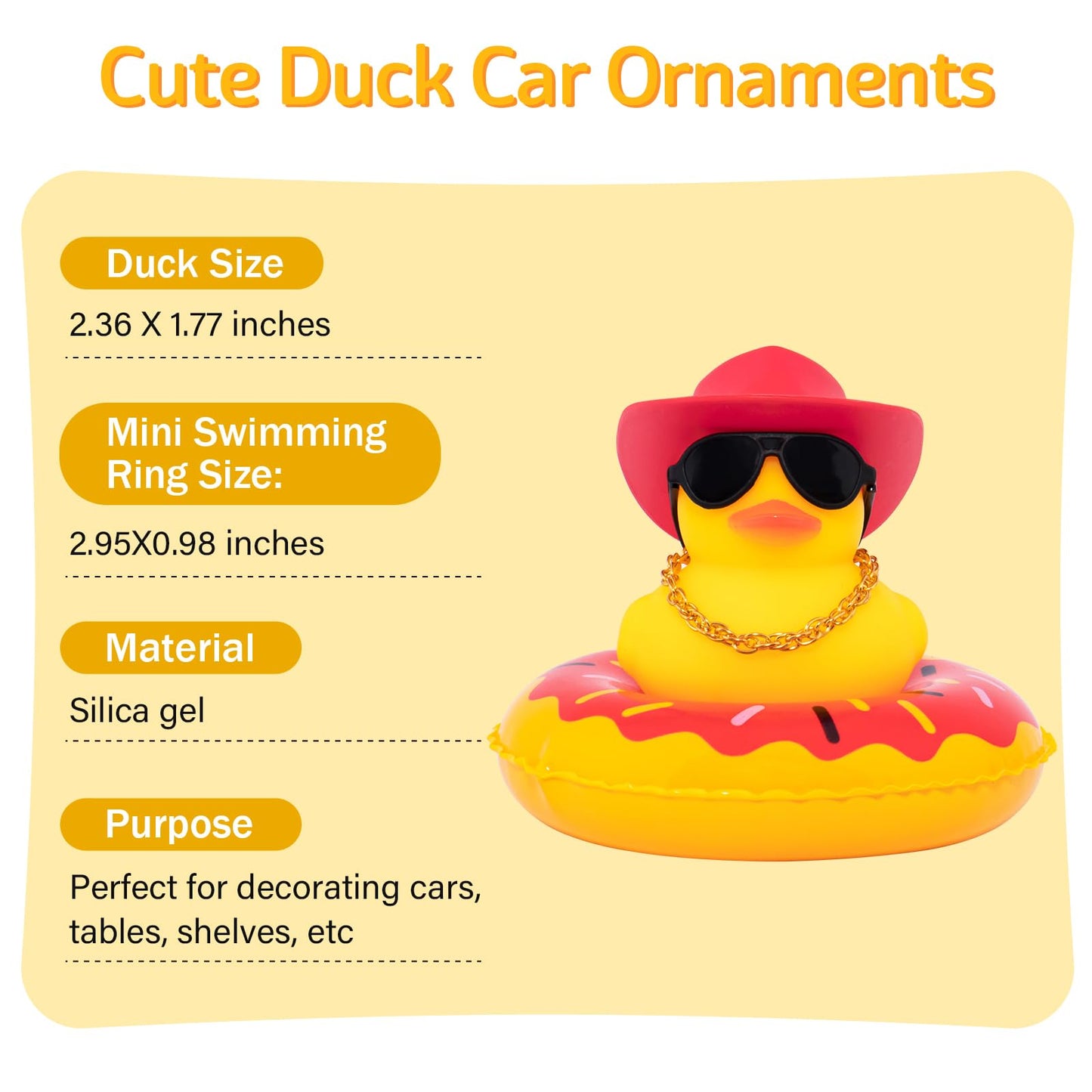 Wonuu Car Duck: Yellow Dashboard Decoration with Hat, Sunglasses, Necklace & Swim Ring