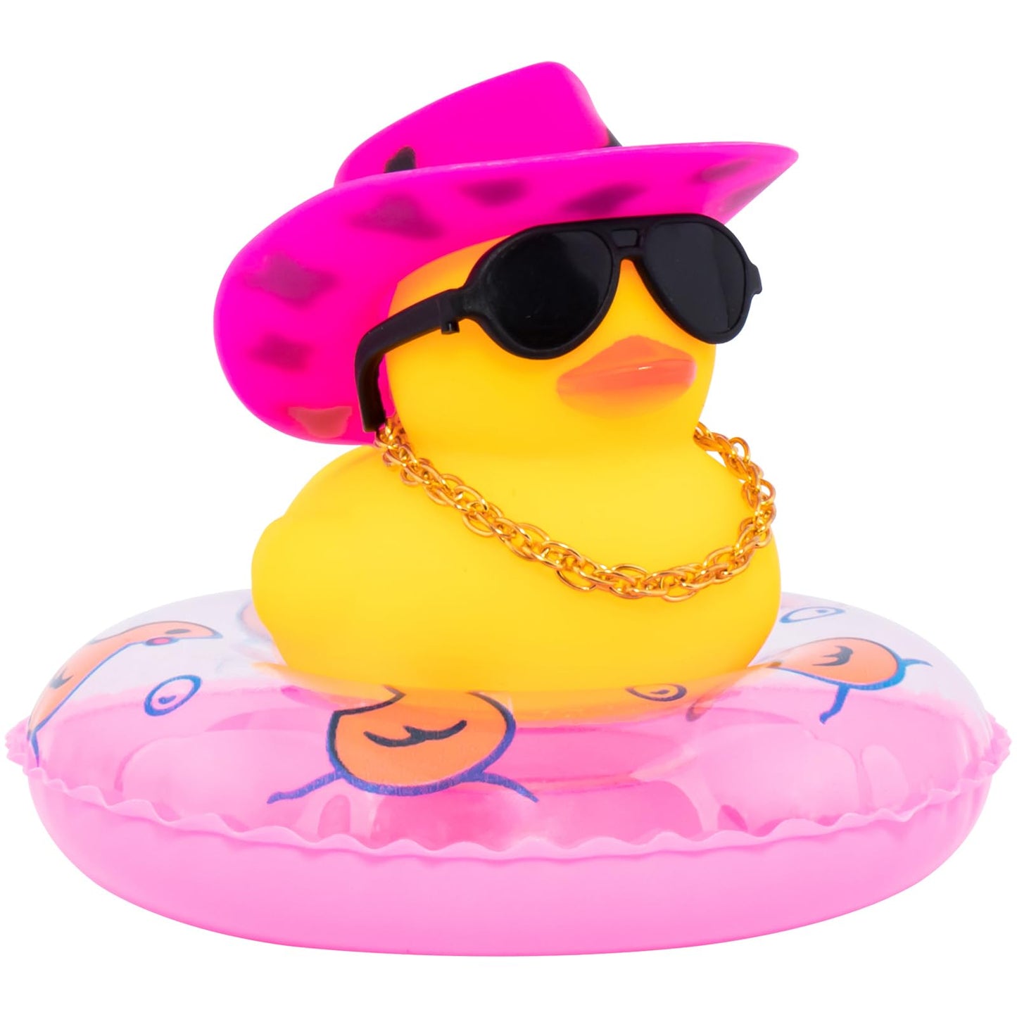 Wonuu Car Rubber Duck – Yellow Dashboard Decoration with Hat, Sunglasses, Necklace, Swim Ring, and Pink Cowboy Hat