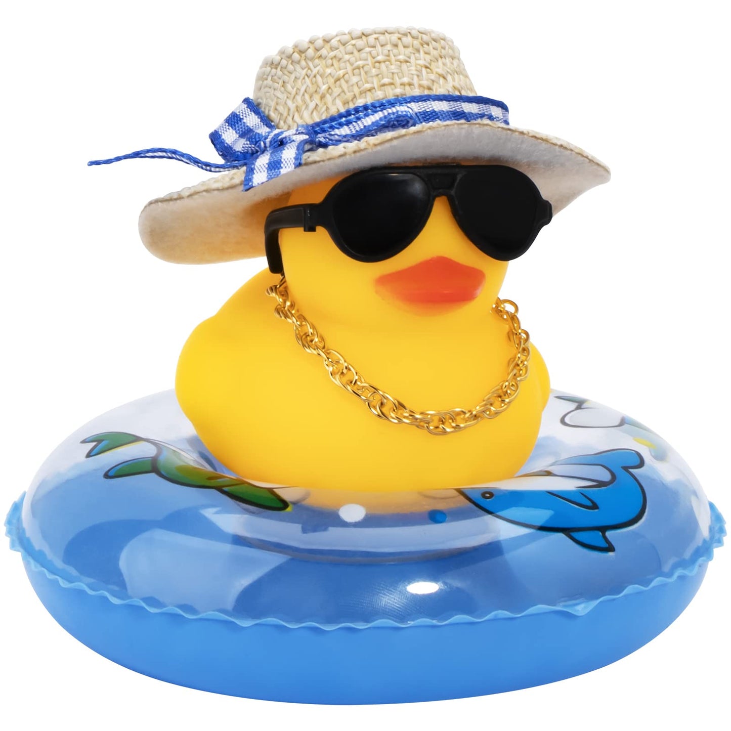 wonuu Car Rubber Duck – Yellow Dash Decoration with Hat, Sunglasses, Necklace & Swim Ring