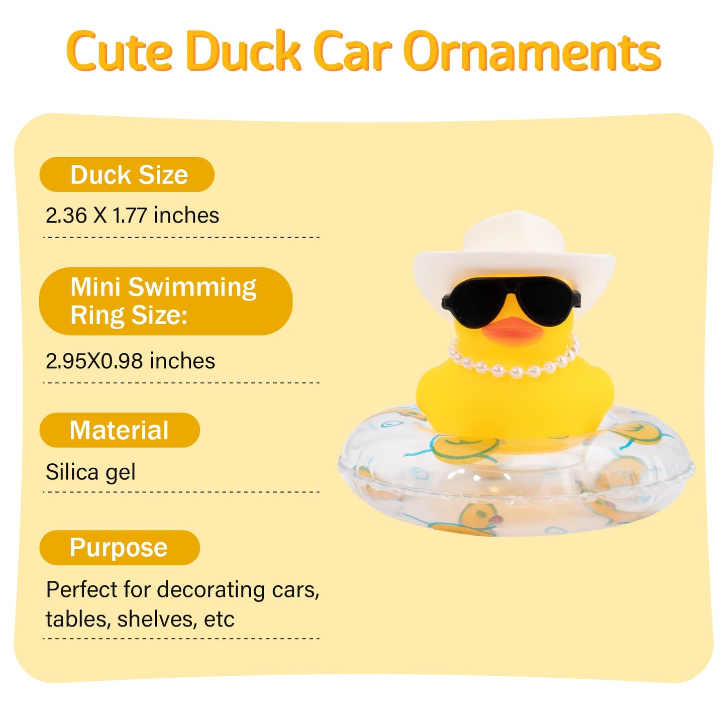 wonuu Car Rubber Duck - Yellow Dashboard Decor with Hat, Sunglasses & Swim Ring