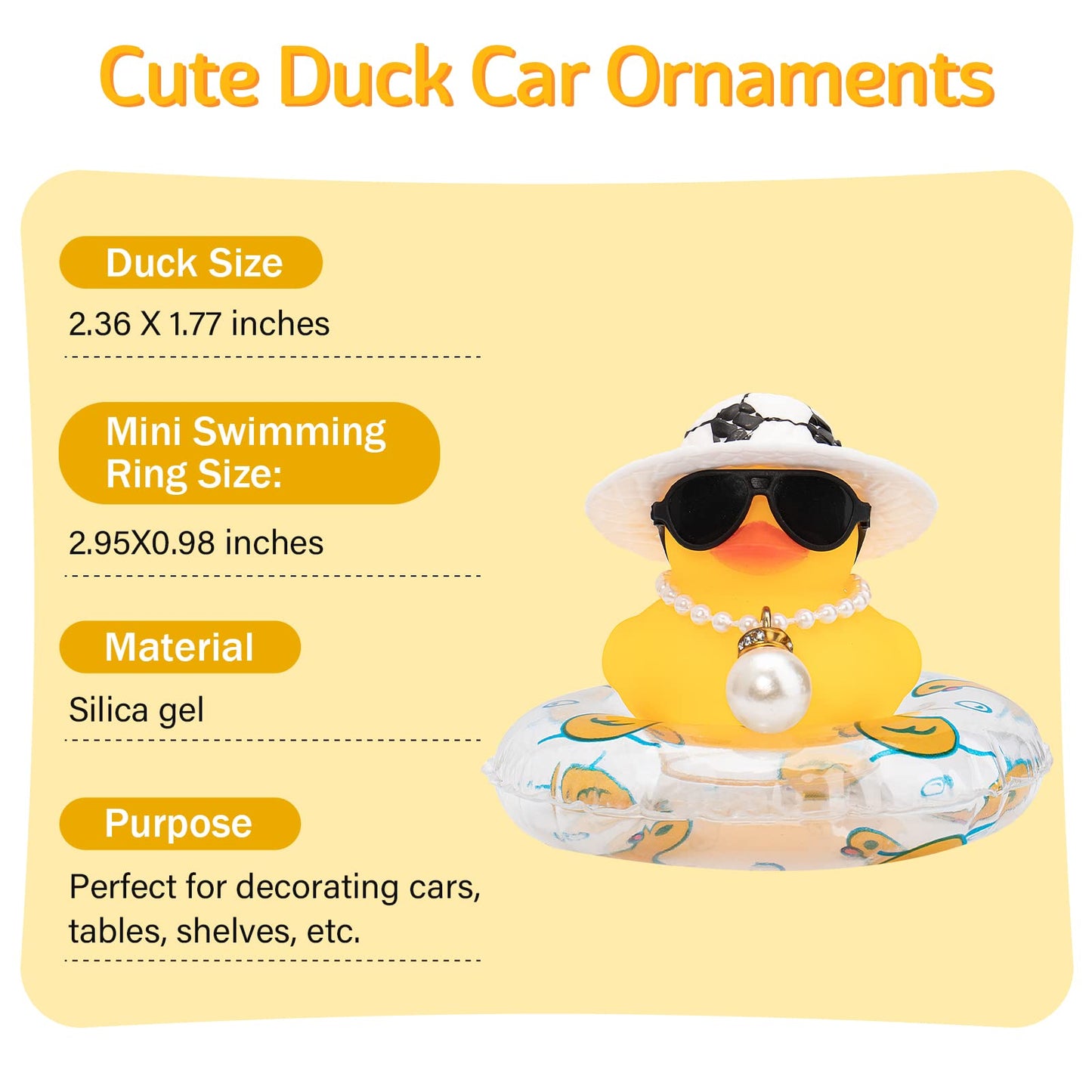 wonuu Car Rubber Duck — Yellow Dashboard Decor with Sun Hat, Sunglasses, Necklace & Swim Ring