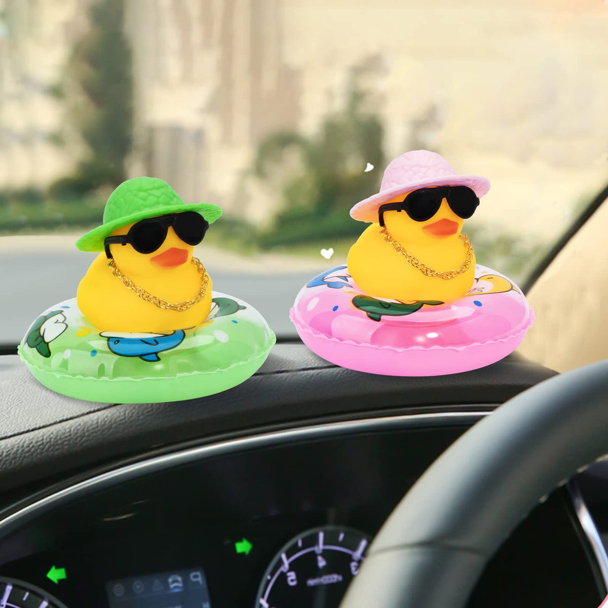 wonuu Car Rubber Duck – Yellow Dash Decor with Hat, Sunglasses & Swim Ring