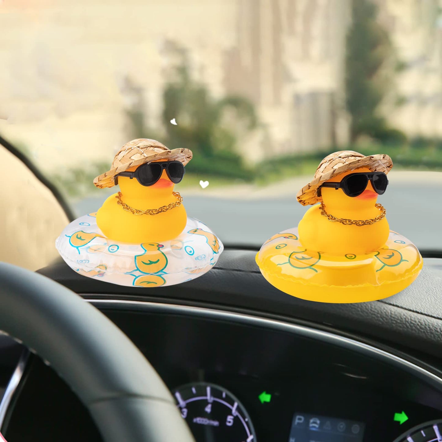 wonuu Car Rubber Duck – Yellow Dashboard Decoration with Sun Hat, Sunglasses, Necklace & Swim Ring