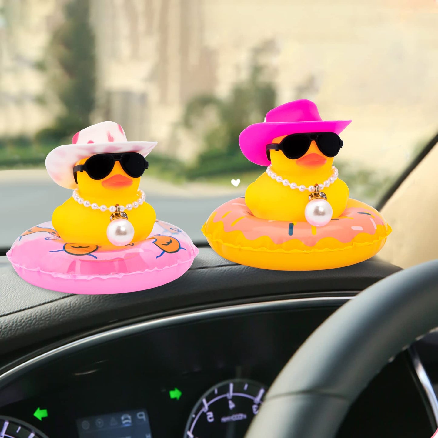 wonuu Car Rubber Duck – Yellow Dashboard Decoration with Sun Hat, Sunglasses, Necklace, Swim Ring, Pink Cowboy Hat