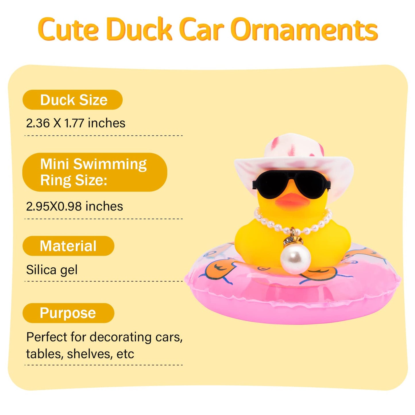 wonuu Car Rubber Duck – Yellow Dashboard Decoration with Sun Hat, Sunglasses, Necklace, Swim Ring, Pink Cowboy Hat