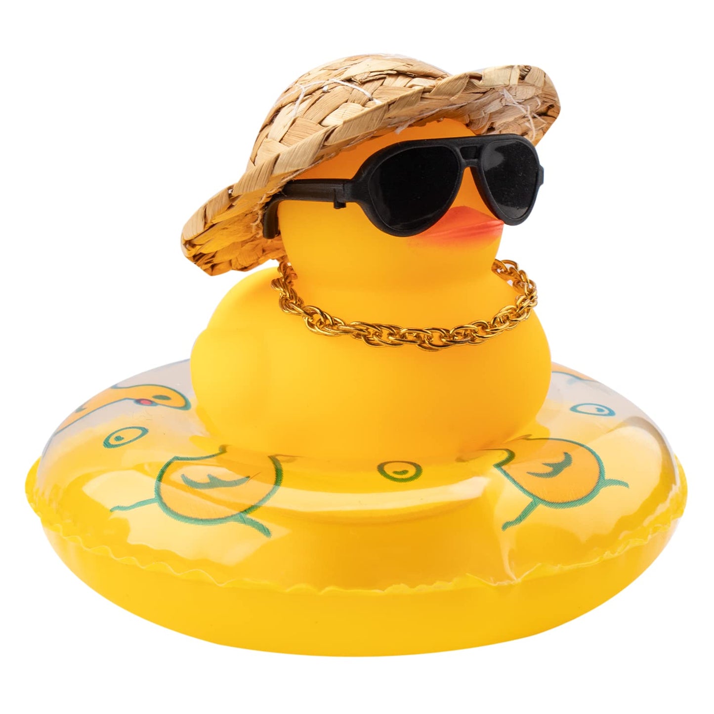 wonuu Car Rubber Duck – Yellow Dashboard Decoration with Sun Hat, Sunglasses, Necklace & Swim Ring