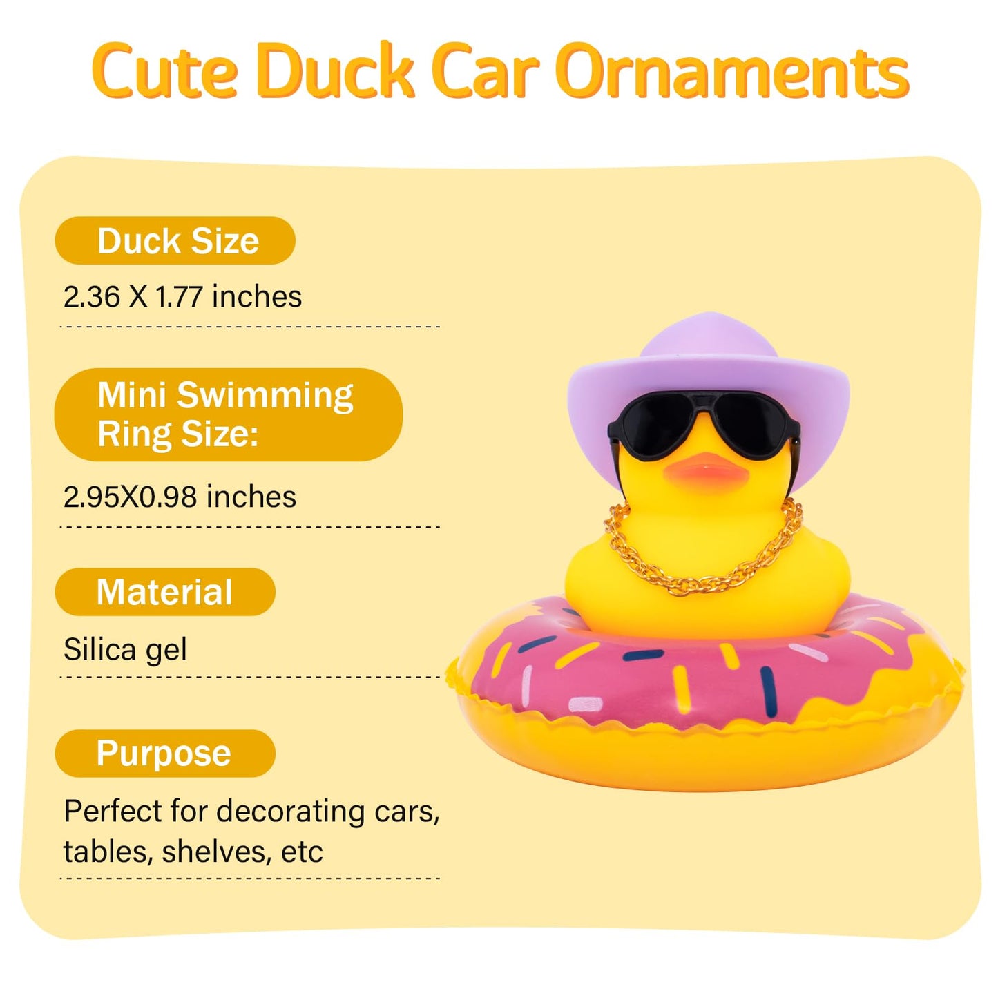 Wonuu Car Rubber Duck – Yellow Dashboard Decor with Sun Hat, Sunglasses, Necklace & Swim Ring