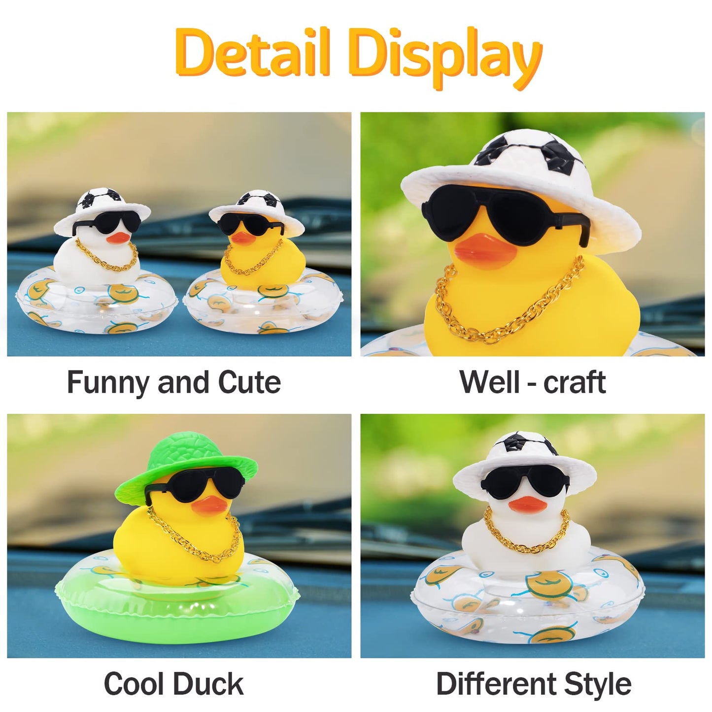 wonuu Car Rubber Duck – Yellow Dash Ornament with Sun Hat, Sunglasses, Necklace & Swim Ring