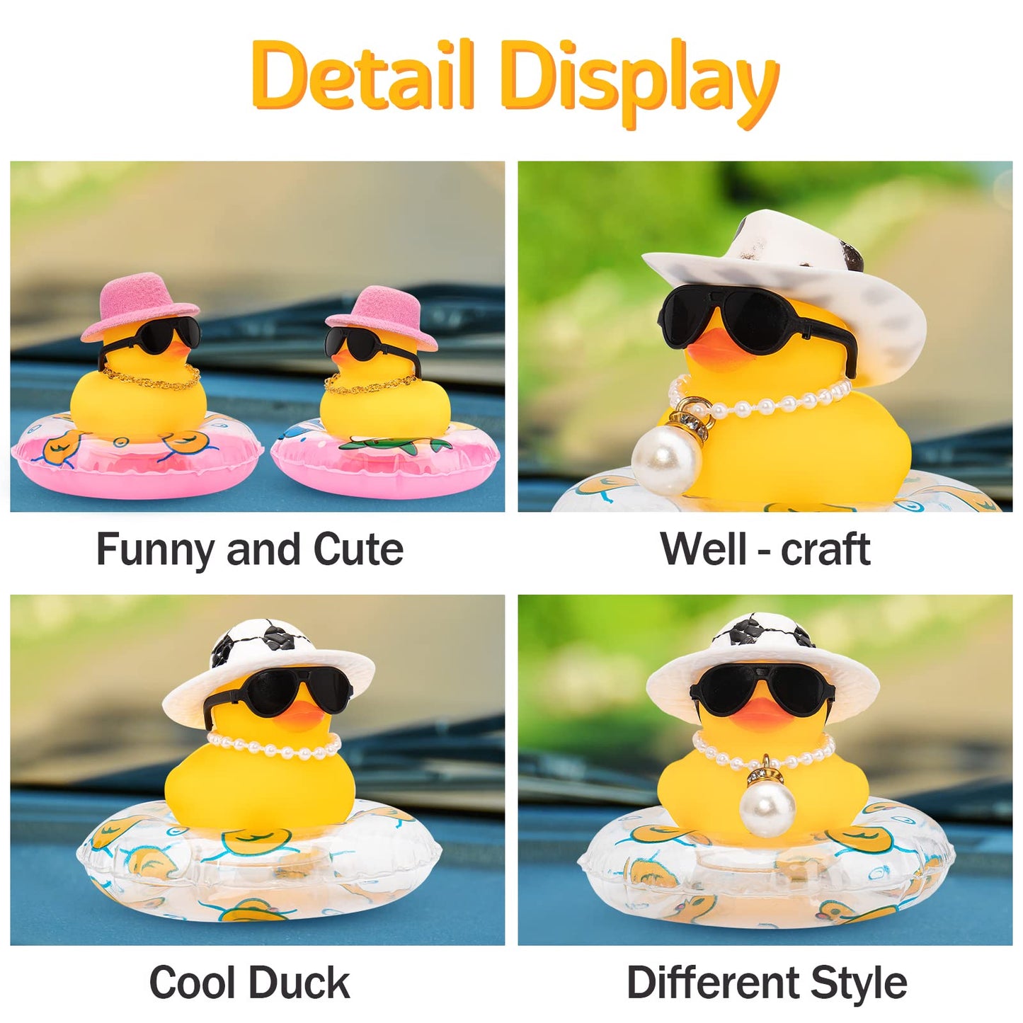 wonuu Car Rubber Duck — Yellow Dashboard Decor with Sun Hat, Sunglasses, Necklace & Swim Ring