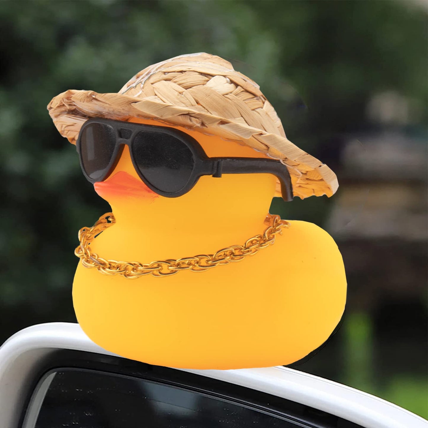 Wonuu Car Rubber Duck—Yellow Dashboard Decor with Sun Hat, Sunglasses & Swim Ring