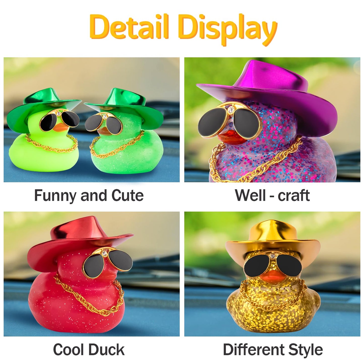 Wonuu Car Rubber Duck – Laser Cowboy Hat, Diamond Glasses & Necklace Dashboard Ornament