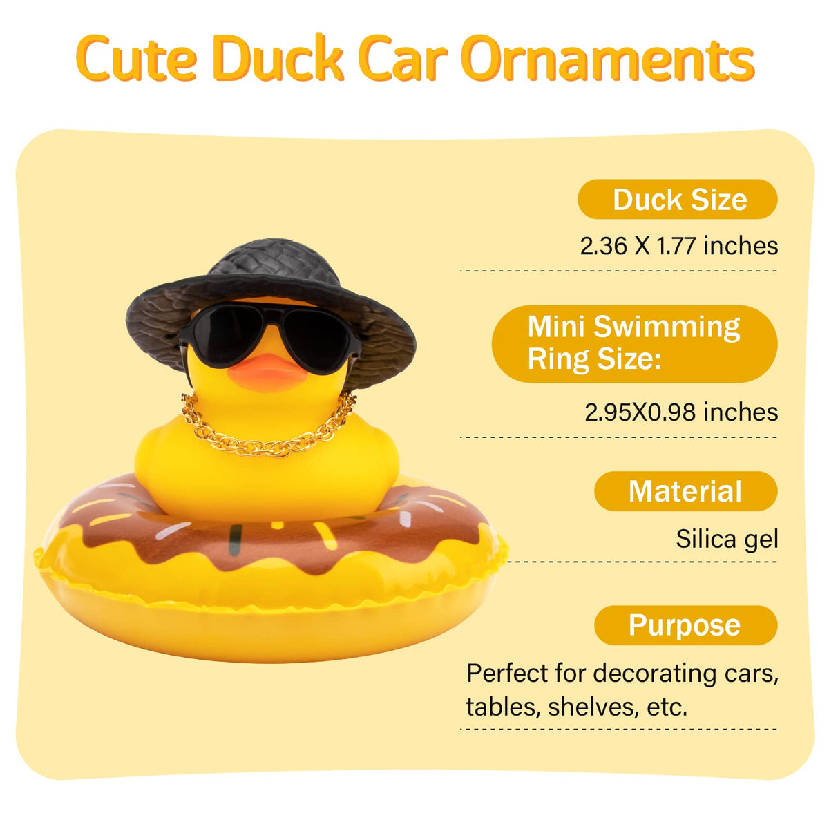 Wonuu Car Rubber Duck - Fun Dashboard Decoration with Hat, Sunglasses & Swim Ring