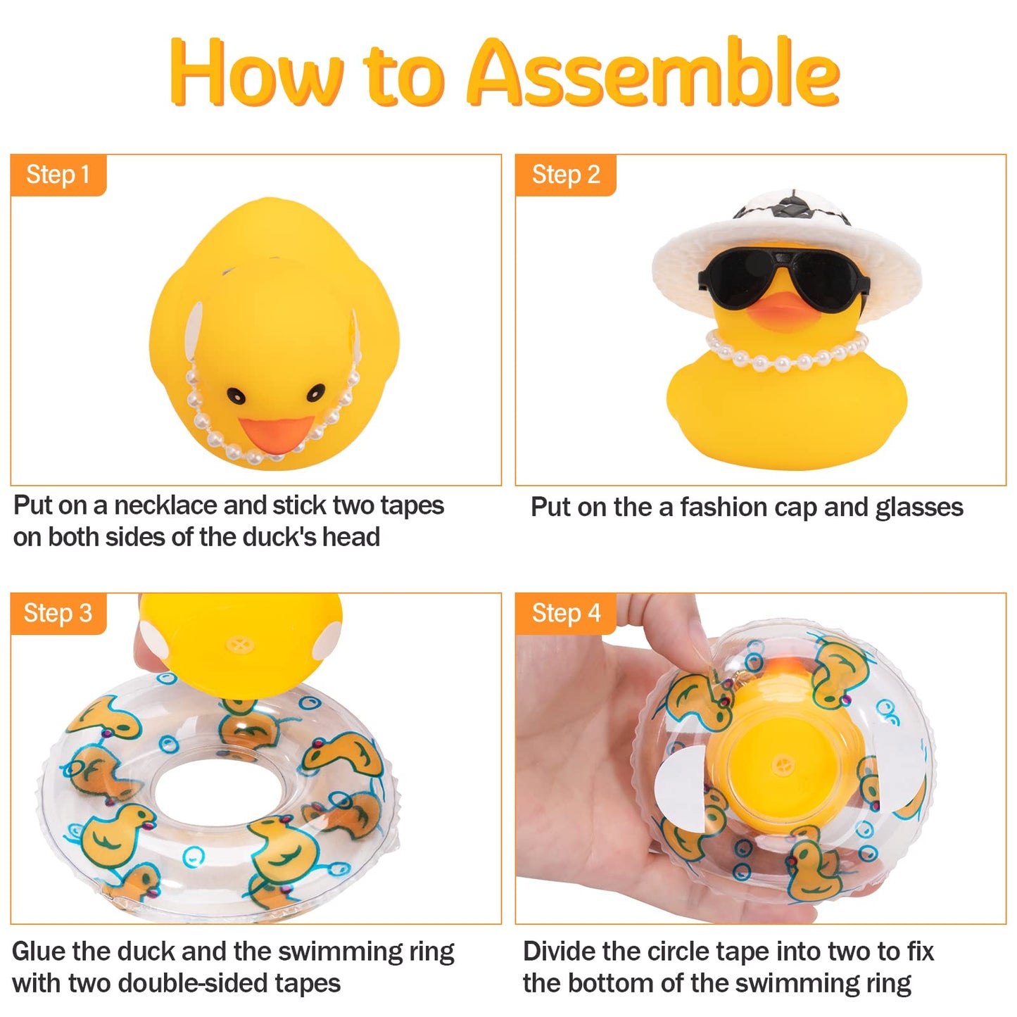 wonuu Car Rubber Duck — Yellow Dashboard Decor with Sun Hat, Sunglasses, Necklace & Swim Ring