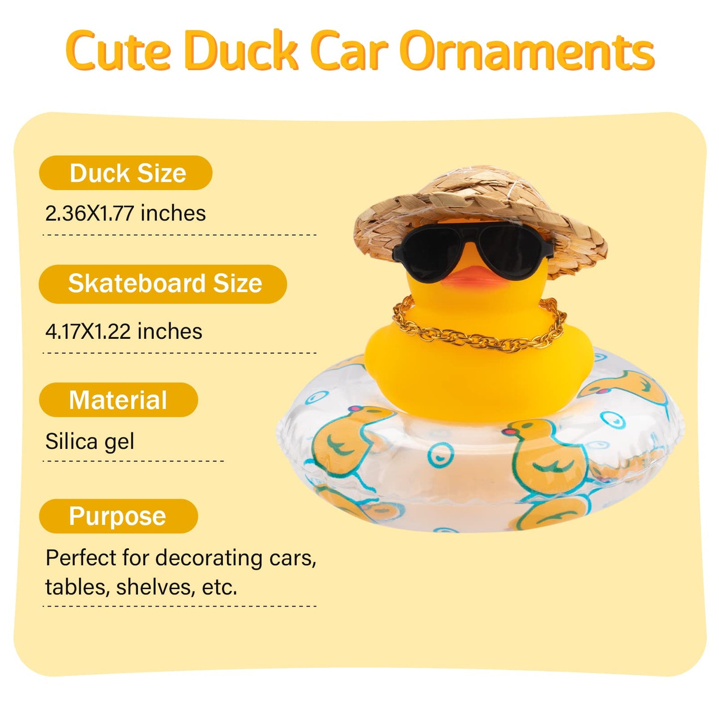 Wonuu Car Rubber Duck—Yellow Dashboard Decor with Sun Hat, Sunglasses & Swim Ring