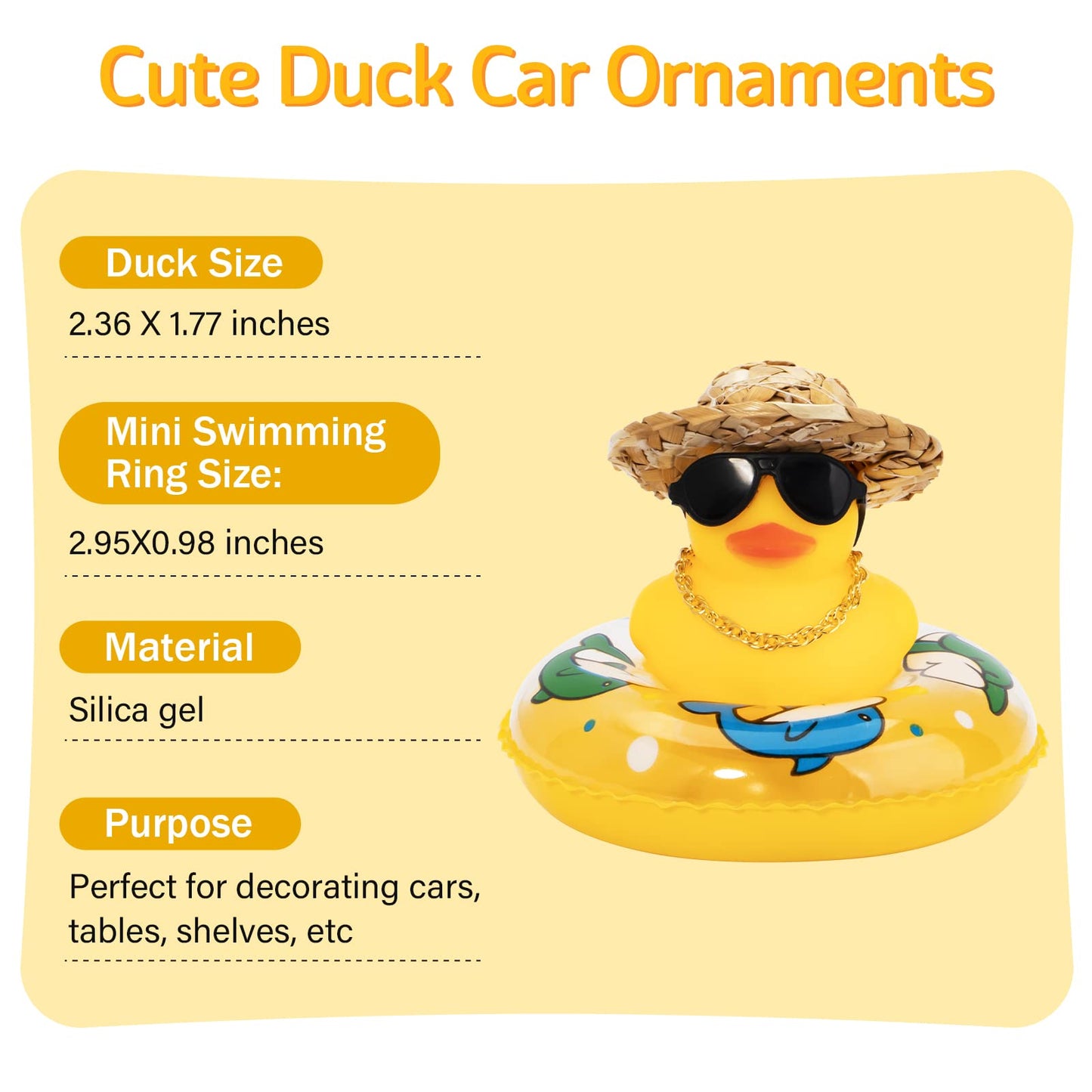 Wonuu Car Rubber Duck – Yellow Dashboard Decoration with Sun Hat, Sunglasses & Swim Ring