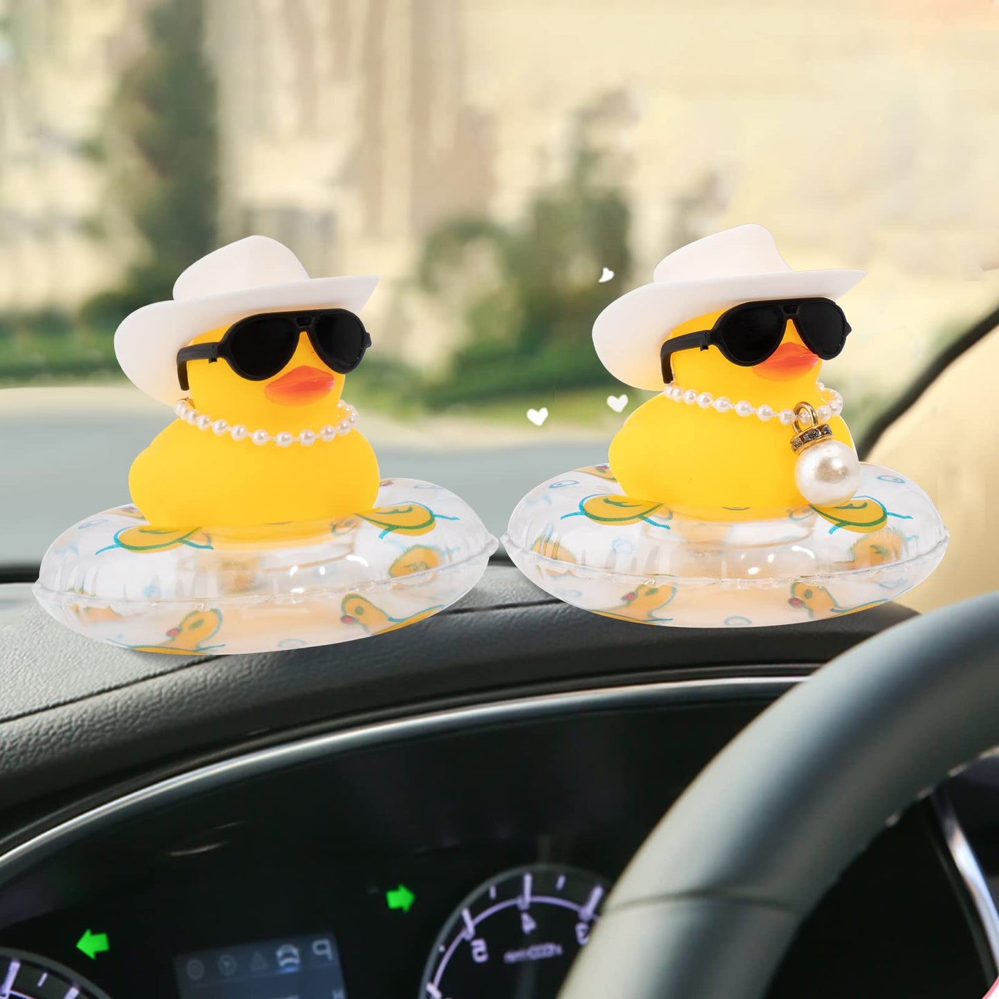 wonuu Car Rubber Duck - Yellow Dashboard Decor with Hat, Sunglasses & Swim Ring