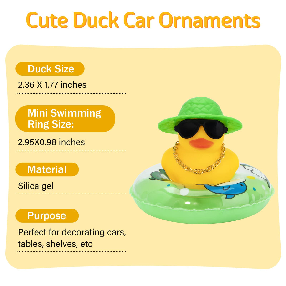 wonuu Car Rubber Duck – Yellow Dash Decor with Hat, Sunglasses & Swim Ring