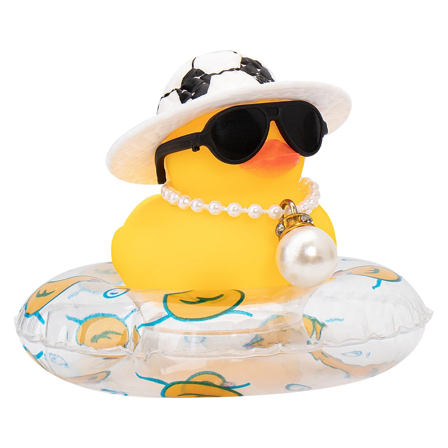 wonuu Car Rubber Duck — Yellow Dashboard Decor with Sun Hat, Sunglasses, Necklace & Swim Ring