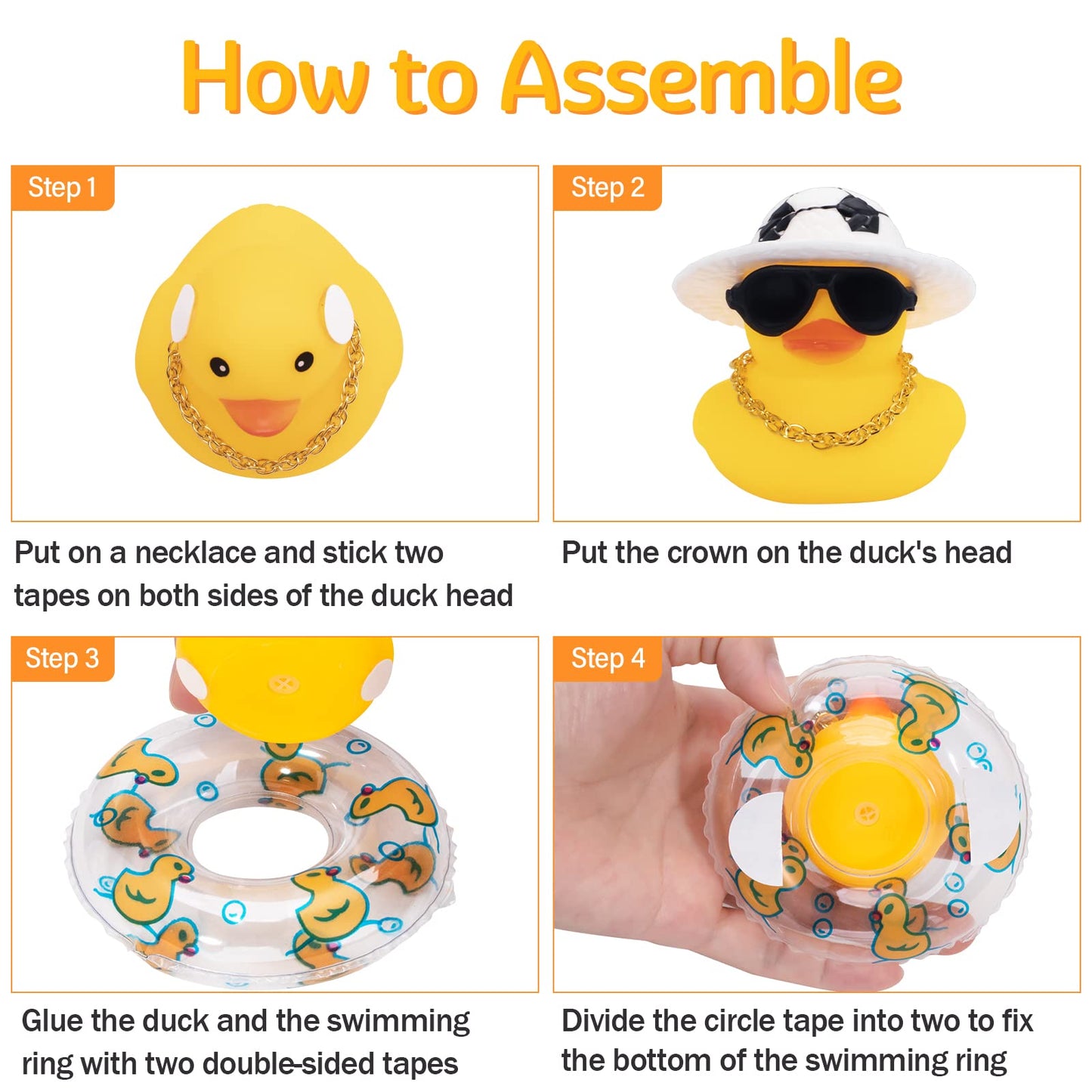 wonuu Car Rubber Duck – Yellow Dash Ornament with Sun Hat, Sunglasses, Necklace & Swim Ring
