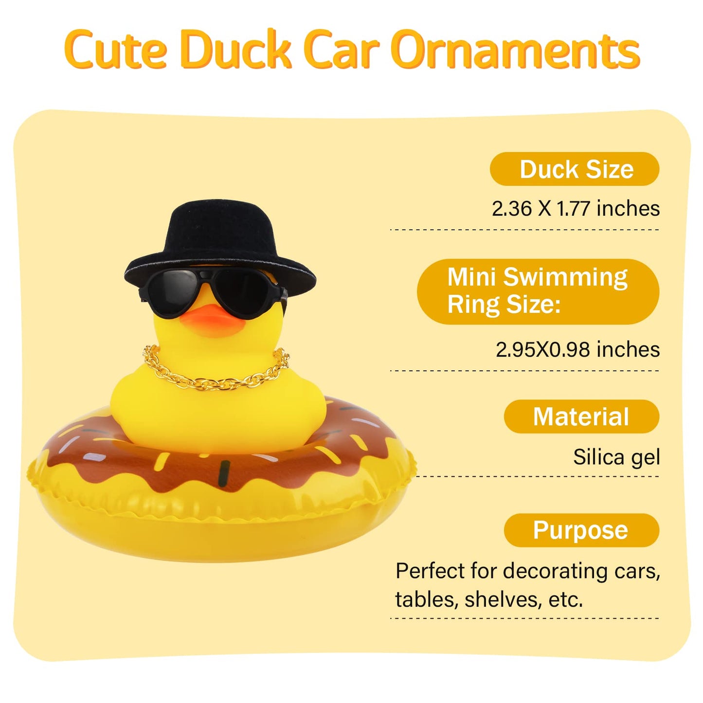Wonuu Car Rubber Duck: Yellow Dashboard Decoration with Sun Hat, Sunglasses