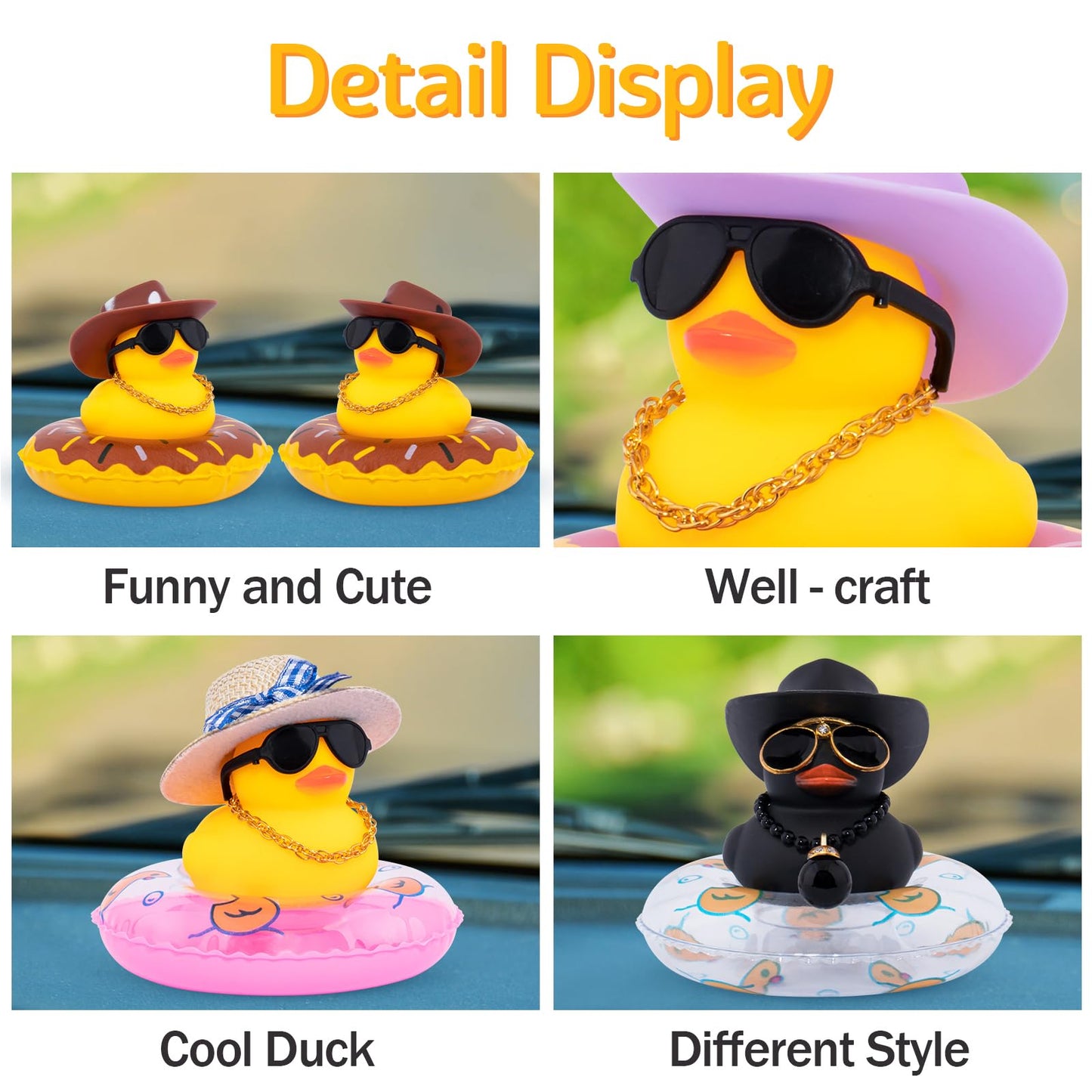 Wonuu Car Rubber Duck – Yellow Dashboard Decor with Sun Hat, Sunglasses, Necklace & Swim Ring