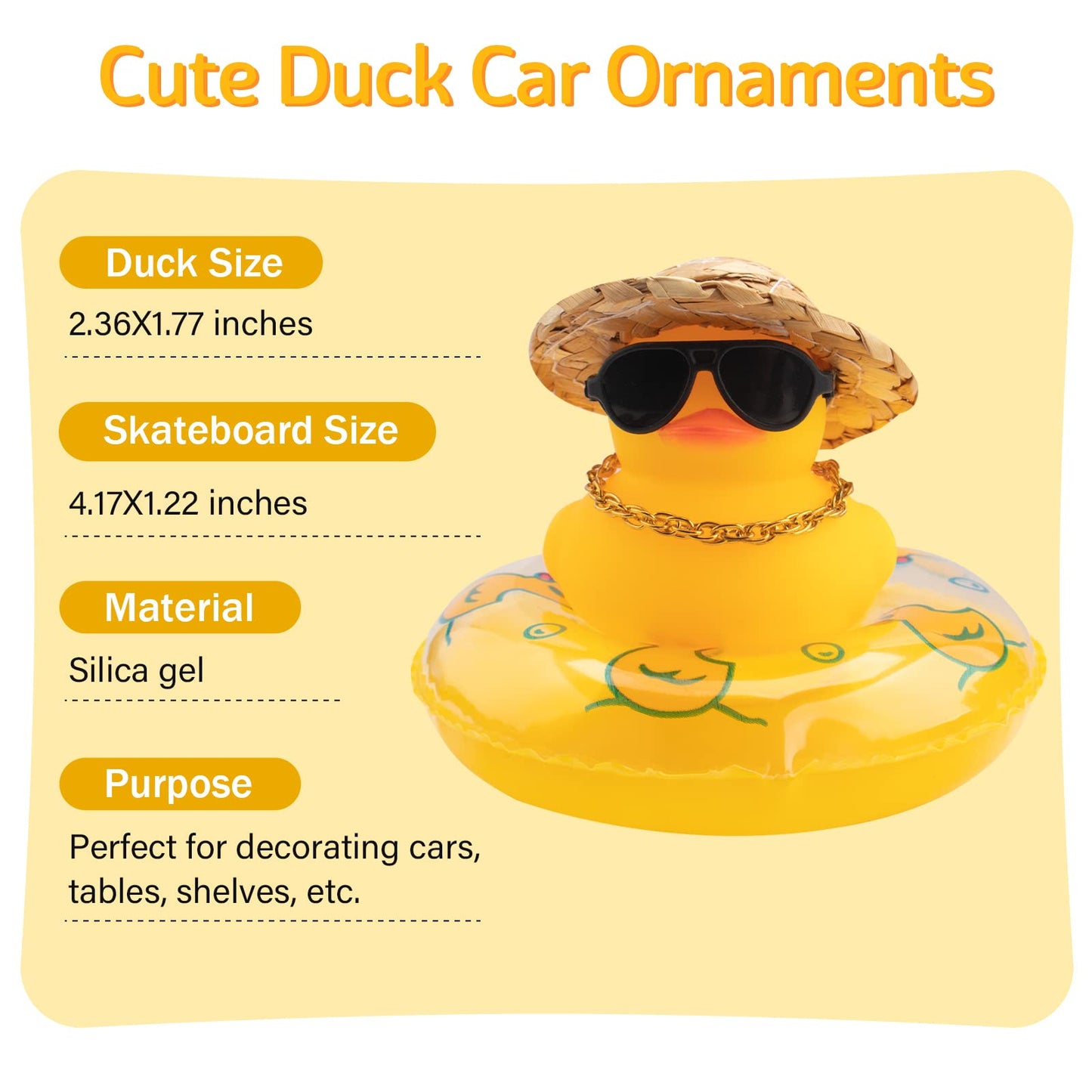 wonuu Car Rubber Duck – Yellow Dashboard Decoration with Sun Hat, Sunglasses, Necklace & Swim Ring