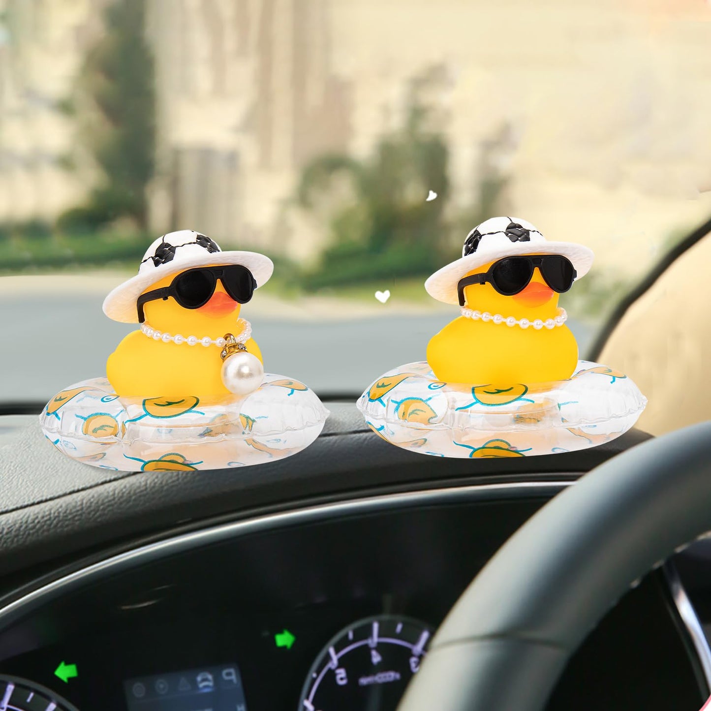 wonuu Car Rubber Duck — Yellow Dashboard Decor with Sun Hat, Sunglasses, Necklace & Swim Ring