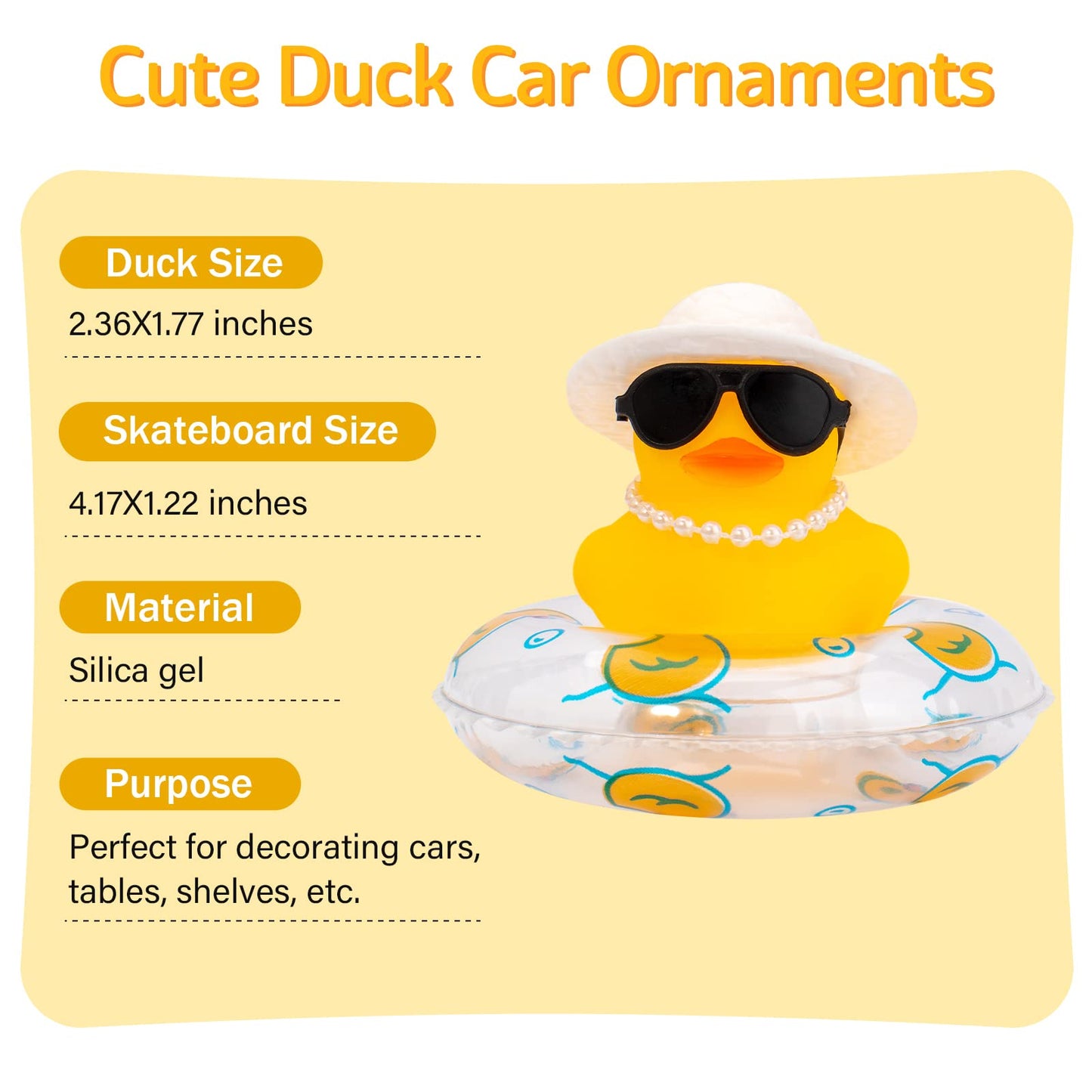 Wonuu Car Rubber Duck—Yellow Dashboard Decor with Sun Hat, Sunglasses & Swim Ring