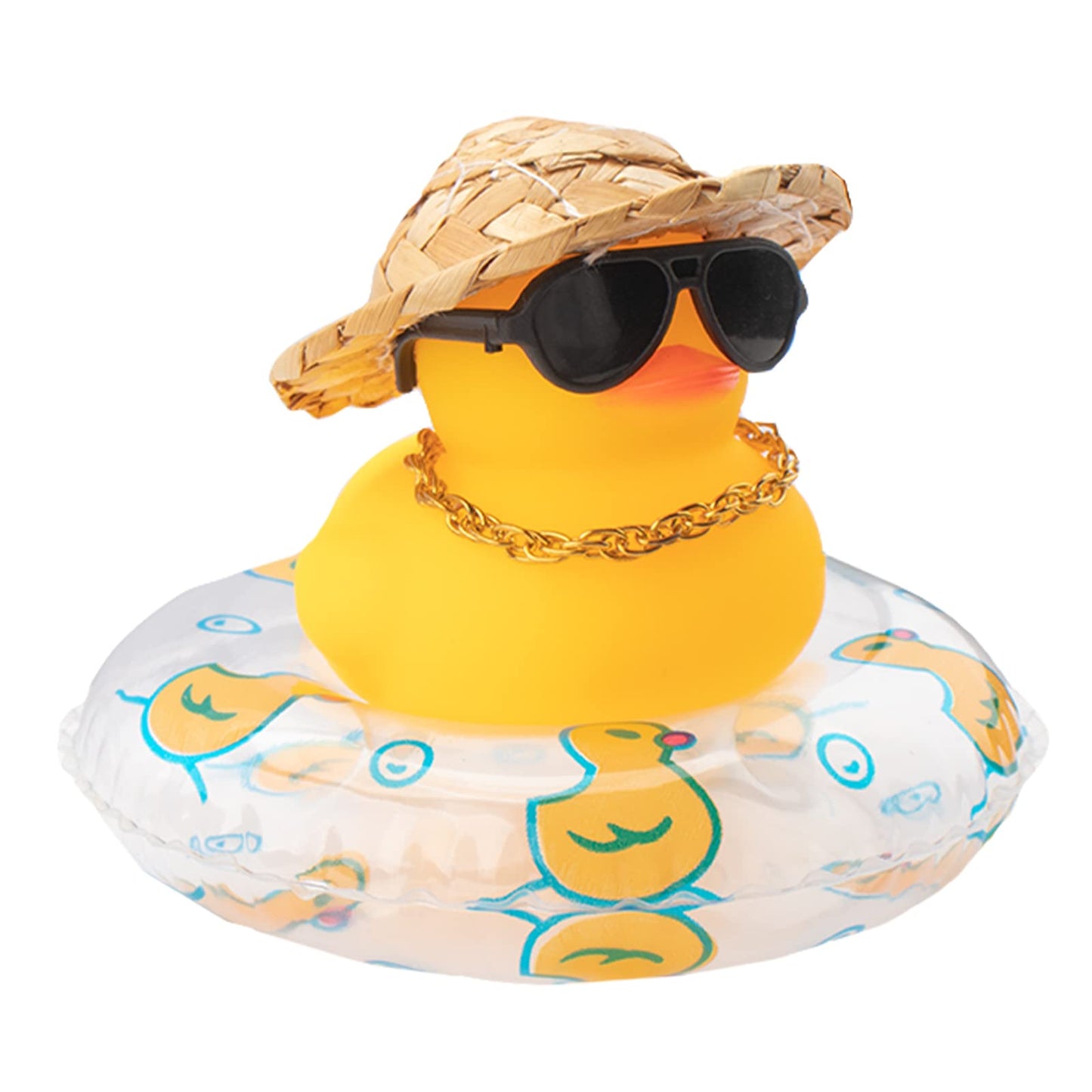Wonuu Car Rubber Duck—Yellow Dashboard Decor with Sun Hat, Sunglasses & Swim Ring