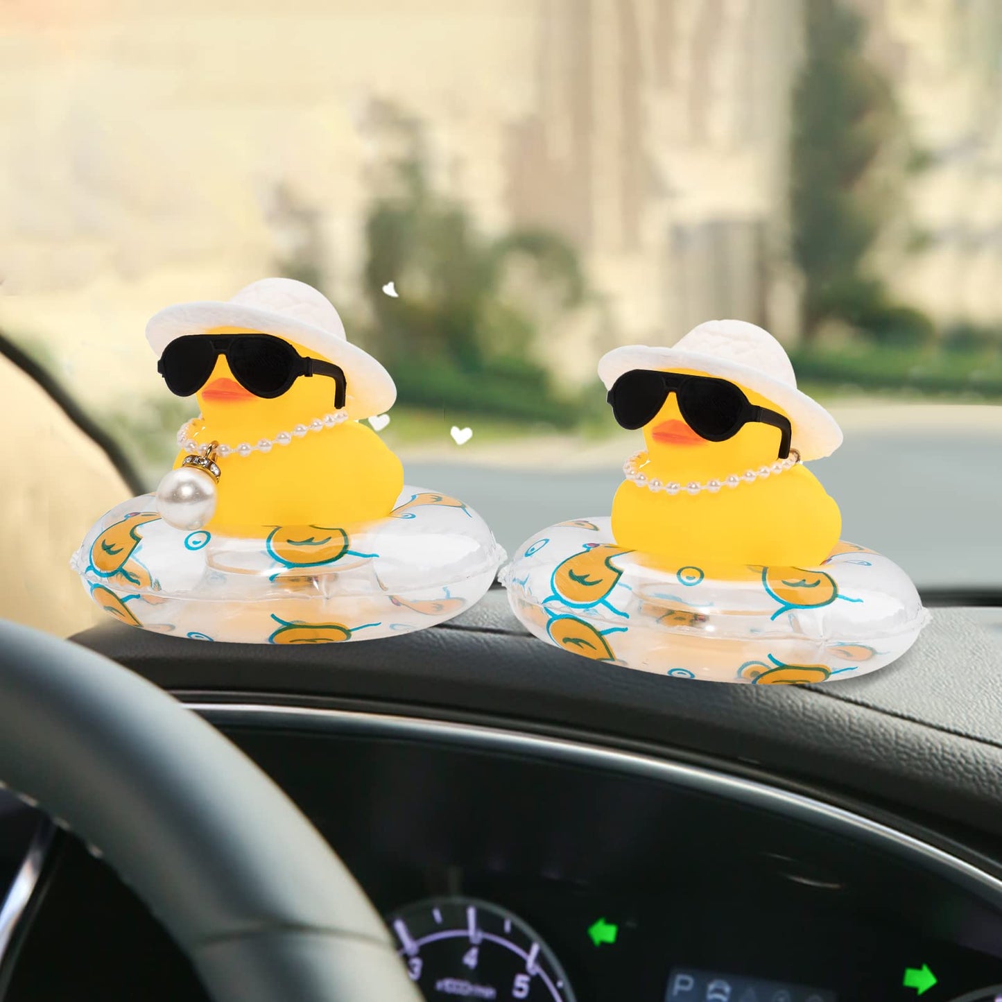 Wonuu Car Rubber Duck—Yellow Dashboard Decor with Sun Hat, Sunglasses & Swim Ring