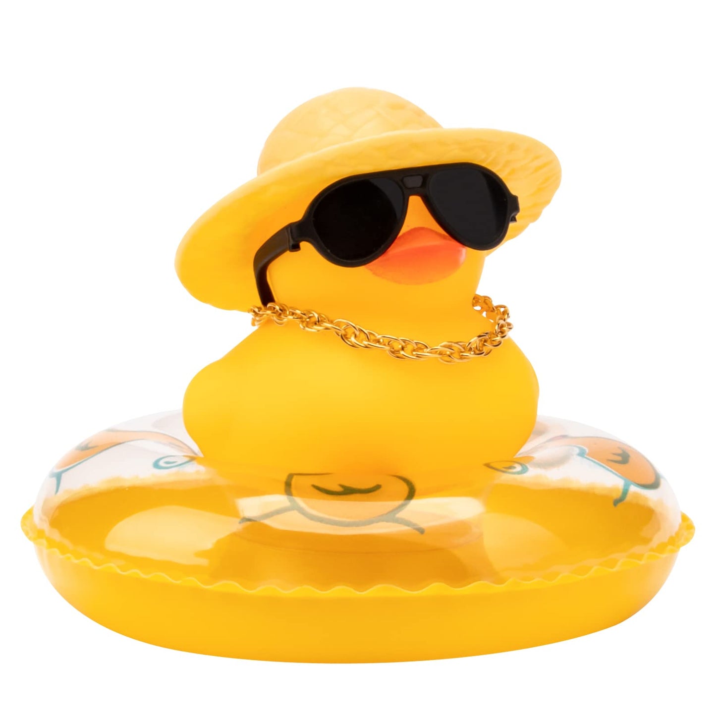wonuu Car Rubber Duck – Yellow Dashboard Decor with Sun Hat, Sunglasses, Necklace & Swim Ring