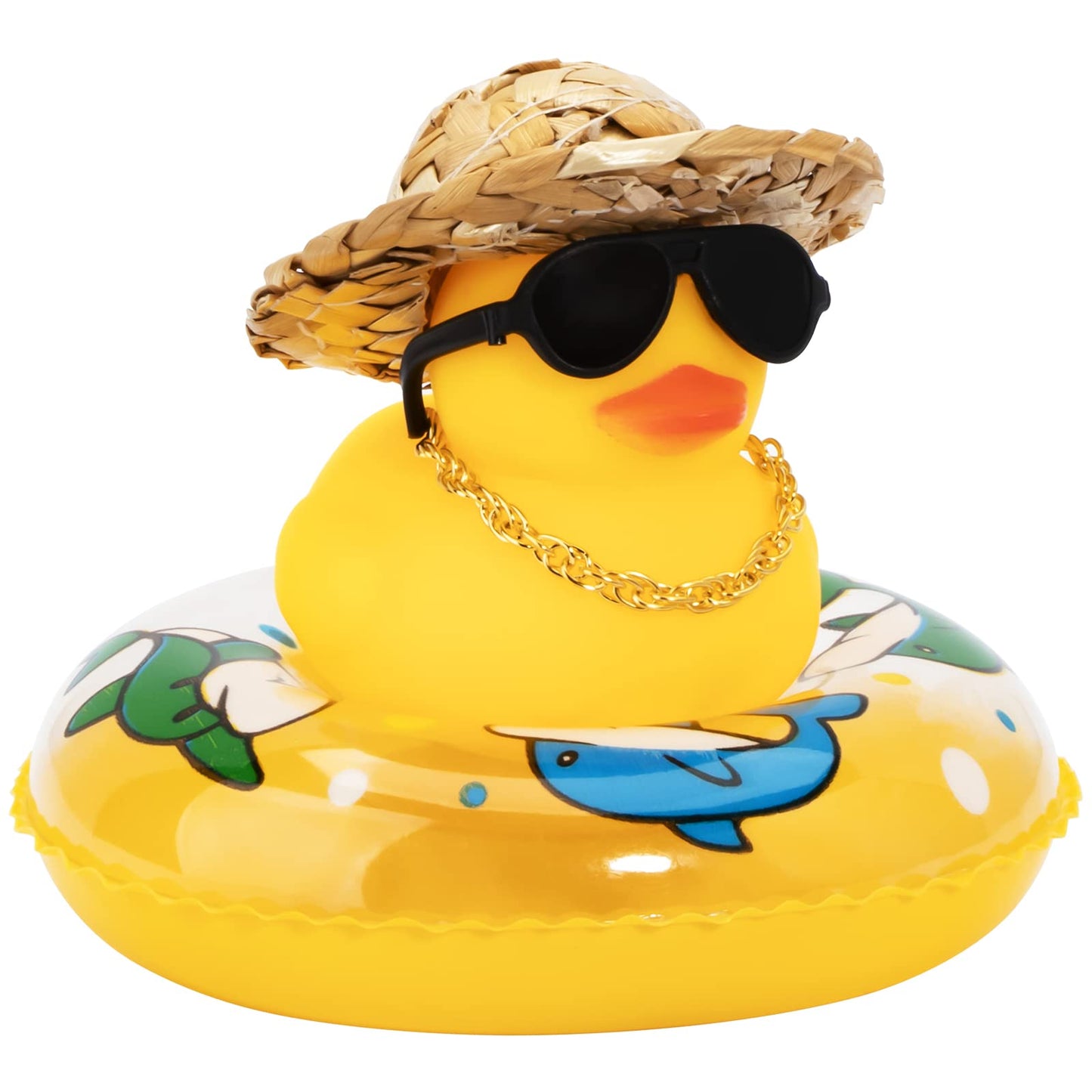 Wonuu Car Rubber Duck – Yellow Dashboard Decoration with Sun Hat, Sunglasses & Swim Ring