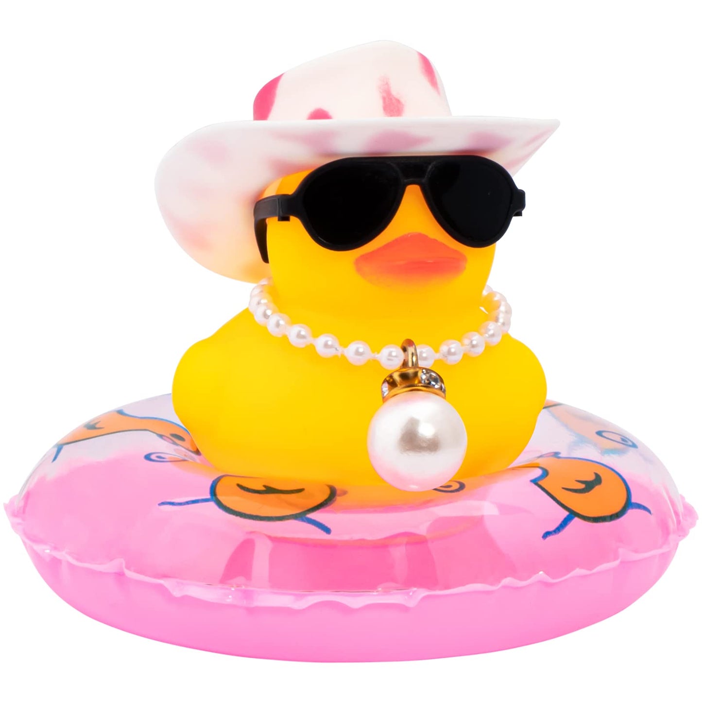 wonuu Car Rubber Duck – Yellow Dashboard Decoration with Sun Hat, Sunglasses, Necklace, Swim Ring, Pink Cowboy Hat