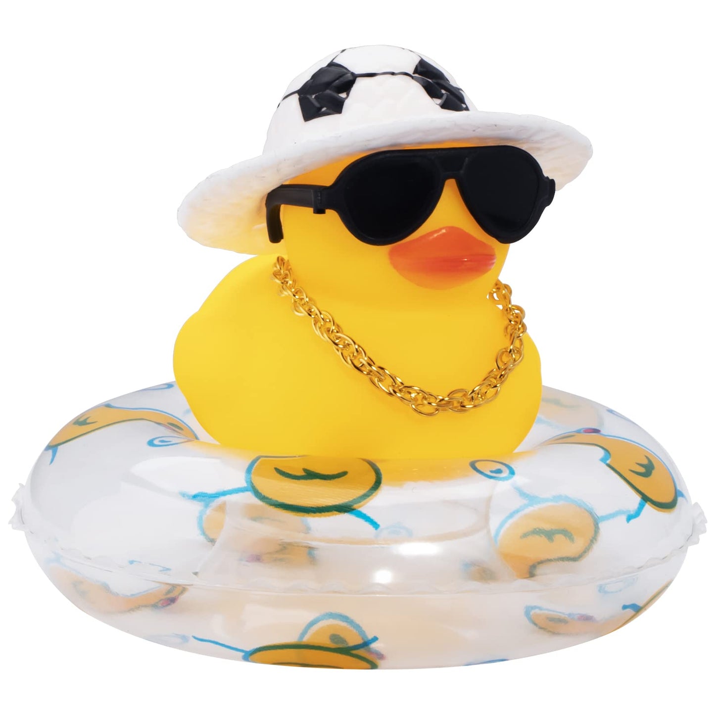 wonuu Car Rubber Duck – Yellow Dash Ornament with Sun Hat, Sunglasses, Necklace & Swim Ring