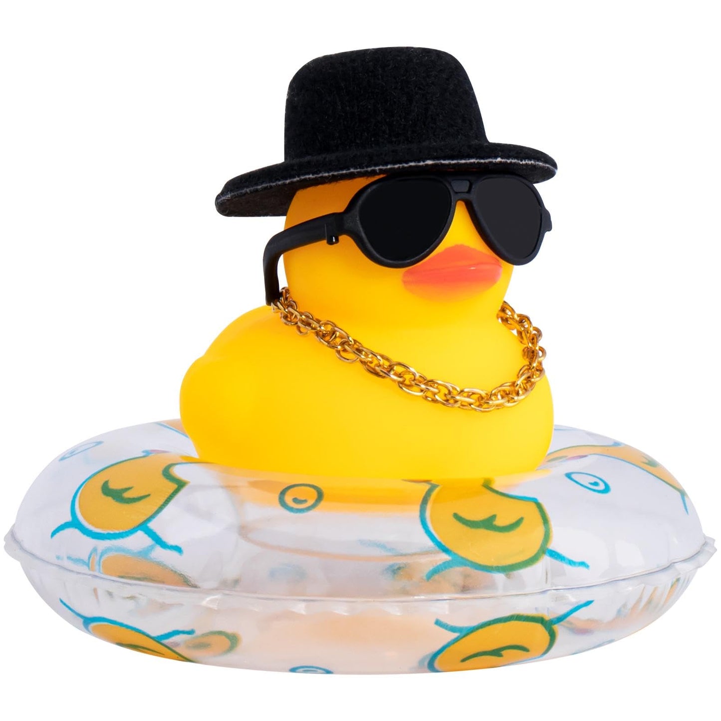wonuu Car Rubber Duck Dashboard Decor – Yellow Duck with Sun Hat, Sunglasses, Necklace, Swim Ring and Top Hat
