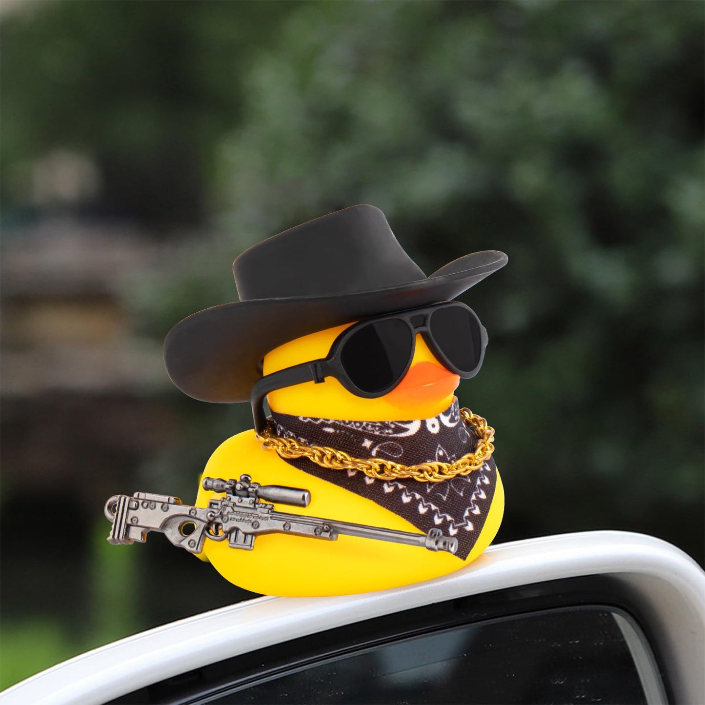 wonuu Black Cool Rubber Duck Car Ornament – Dashboard Decoration with Cowboy Hat and Sunglasses