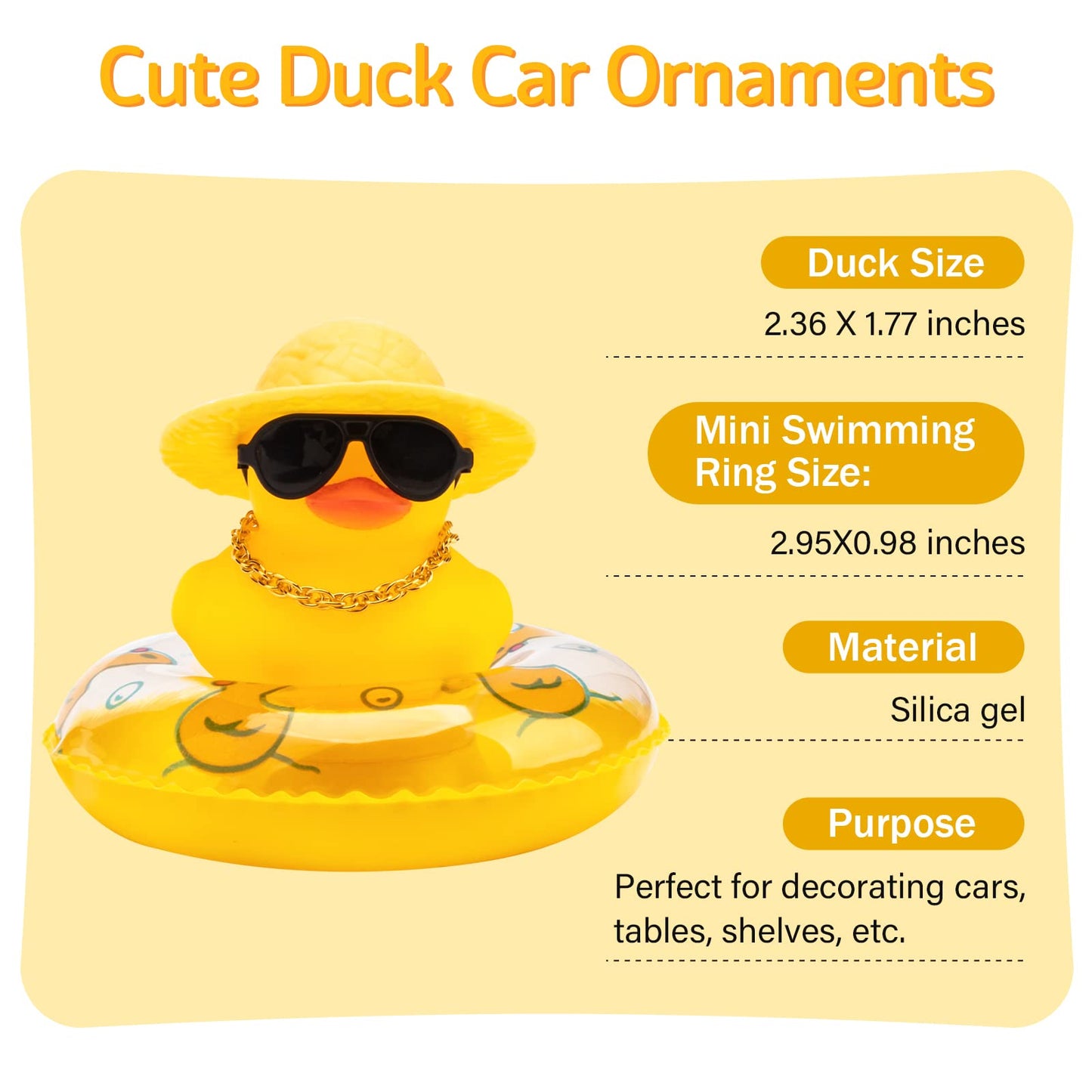 wonuu Car Rubber Duck – Yellow Dashboard Decor with Sun Hat, Sunglasses, Necklace & Swim Ring
